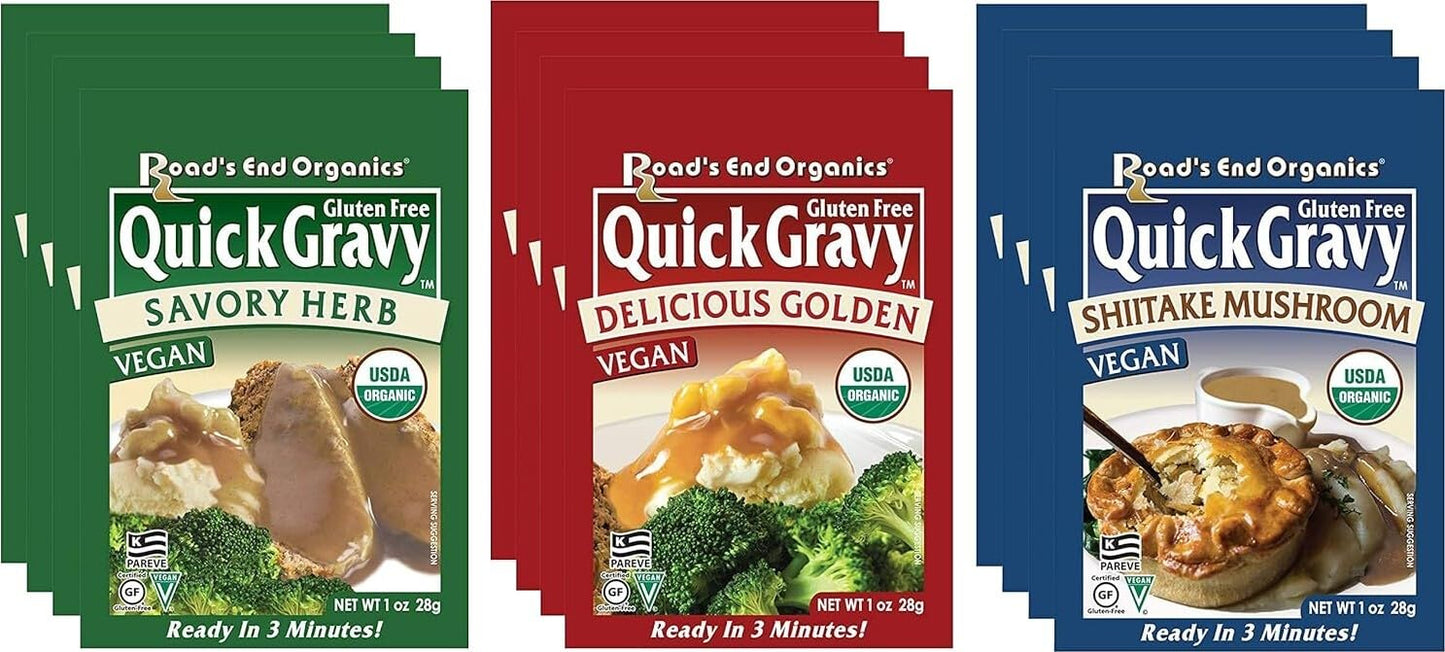 Roads End Organics Gravy Variety Pack ~ Includes (4) Shiitake Mushroom Gravy Mix, 1 Oz, (4) Savory Herb Gravy Mix, 1 Oz and (4) Golden Gravy Mix, 1 Oz