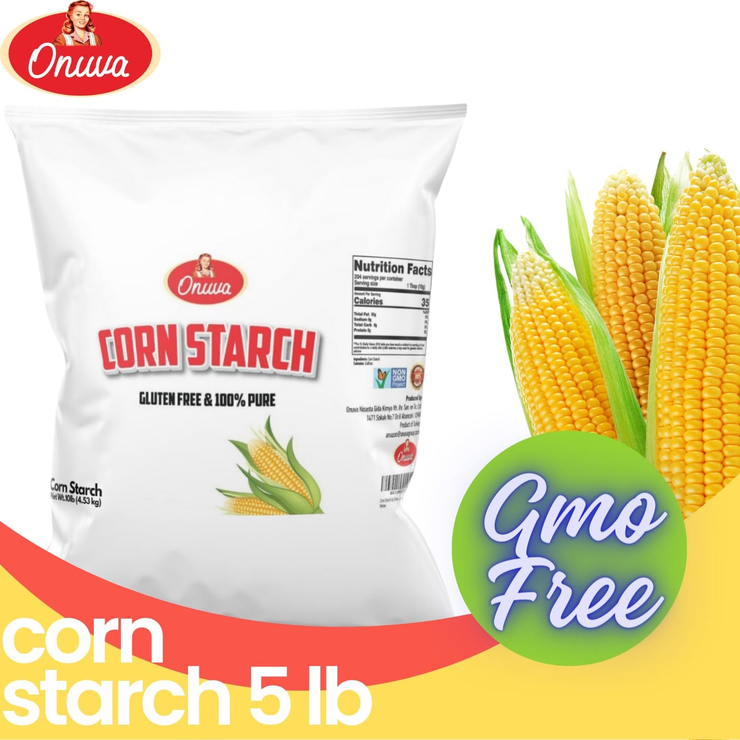 Corn Starch by Onuva - 5 lbs, (2,3 kg) - Gluten Free - Vegan - Thickener For Sauces, Soup, & Gravy