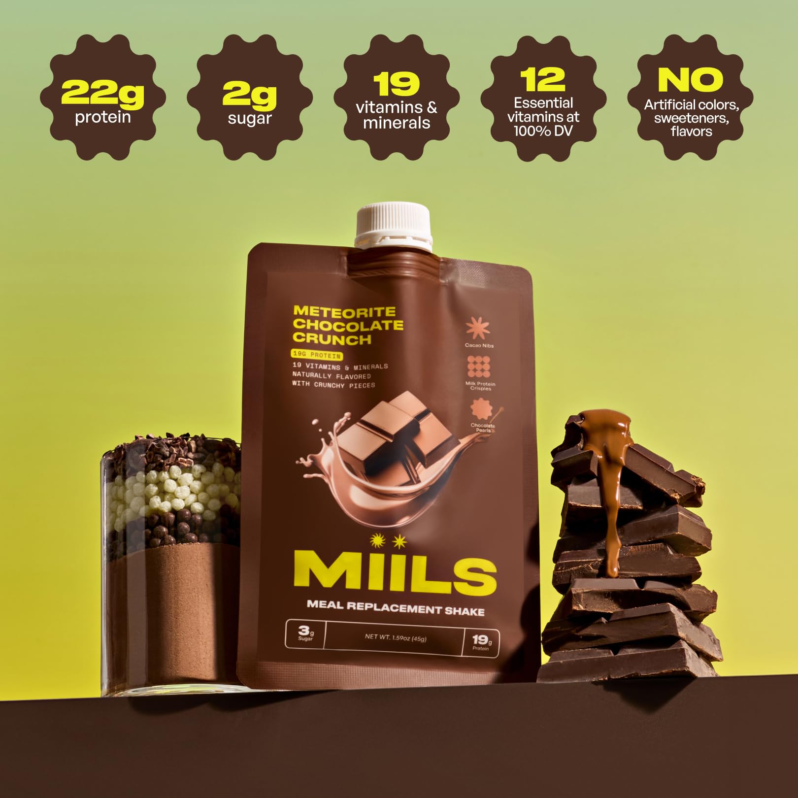 MIILS Meteorite Chocolate Crunch 16 Pack, Cereal Protein Shake, High Protein Breakfast, Rich Chocolate Taste with Crunchy Mix-Ins, Grab and Go