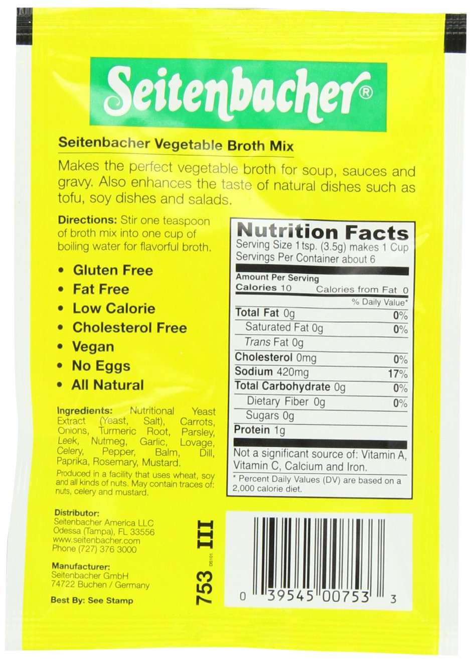 Seitenbacher Vegetable Broth Mix - Packets, 0.80-Ounce Packages (Pack of 12)
