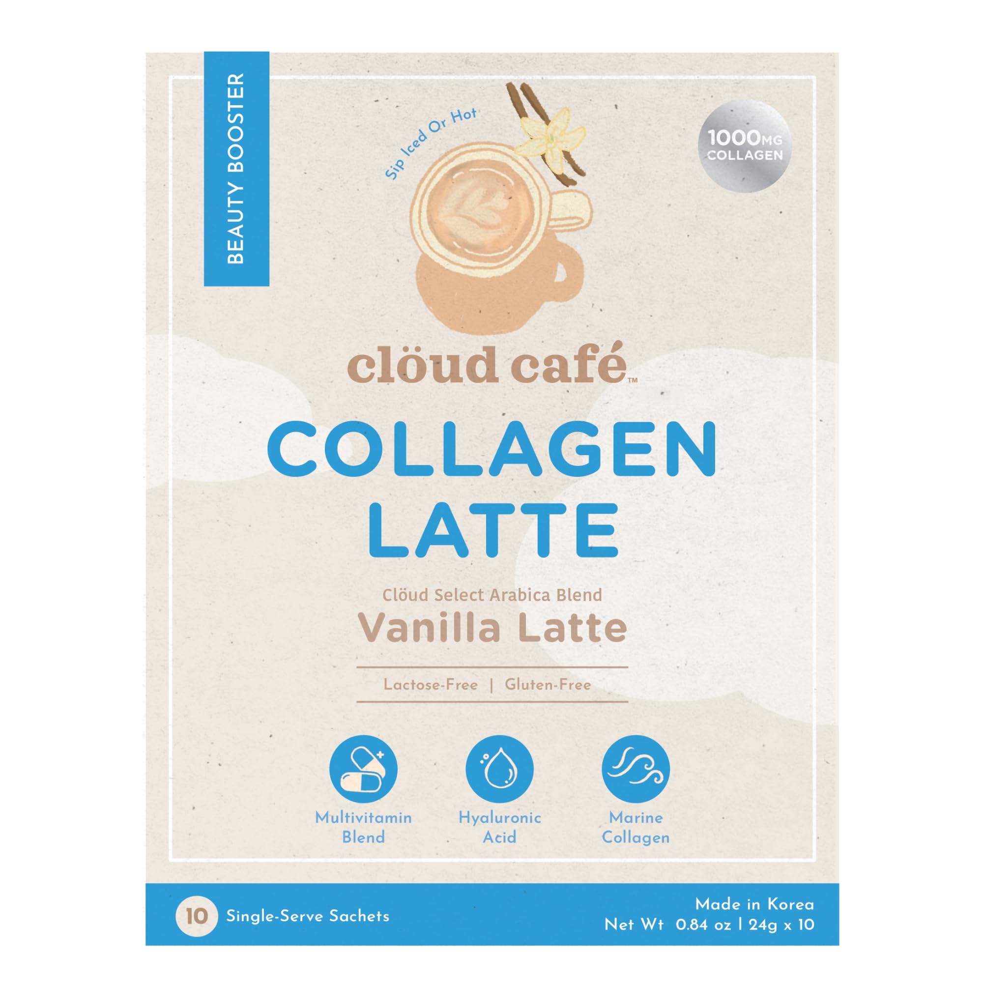 Clöud Café Collagen Infused Vanilla Latte Instant Coffee Packets - Promotes Skin Firmness, Hydration & Elasticity and Hair & Nail Health - Single