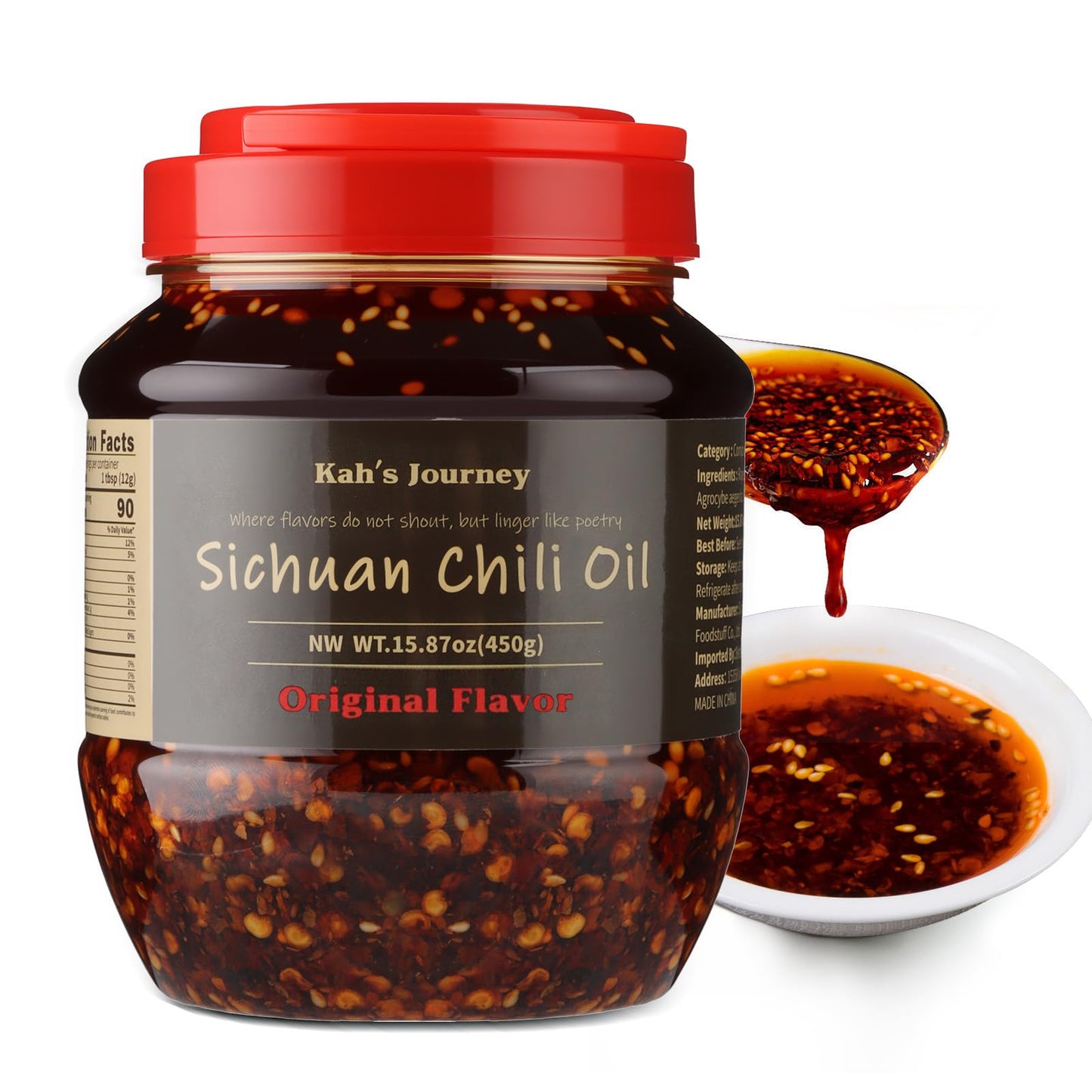 Kah's Journey Original Szechuan Chili Oil - 15.87oz (450g) Spicy Chili Crisp with Crunchy Garlic, Vegan, Sugar Free Hot Sauce, Great for Noodles