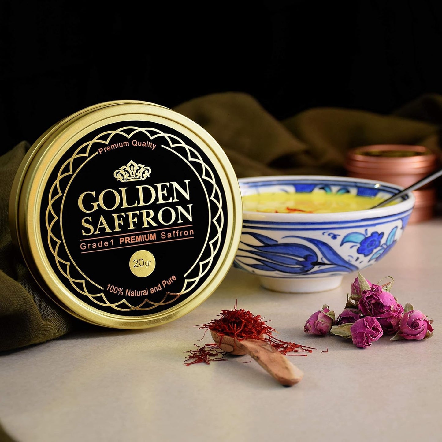 Golden Saffron, Finest Pure Premium All Red Saffron Threads, Grade A+ Super Negin, Non-GMO Verified. For Tea, Paella, Rice, Desserts, Golden Milk