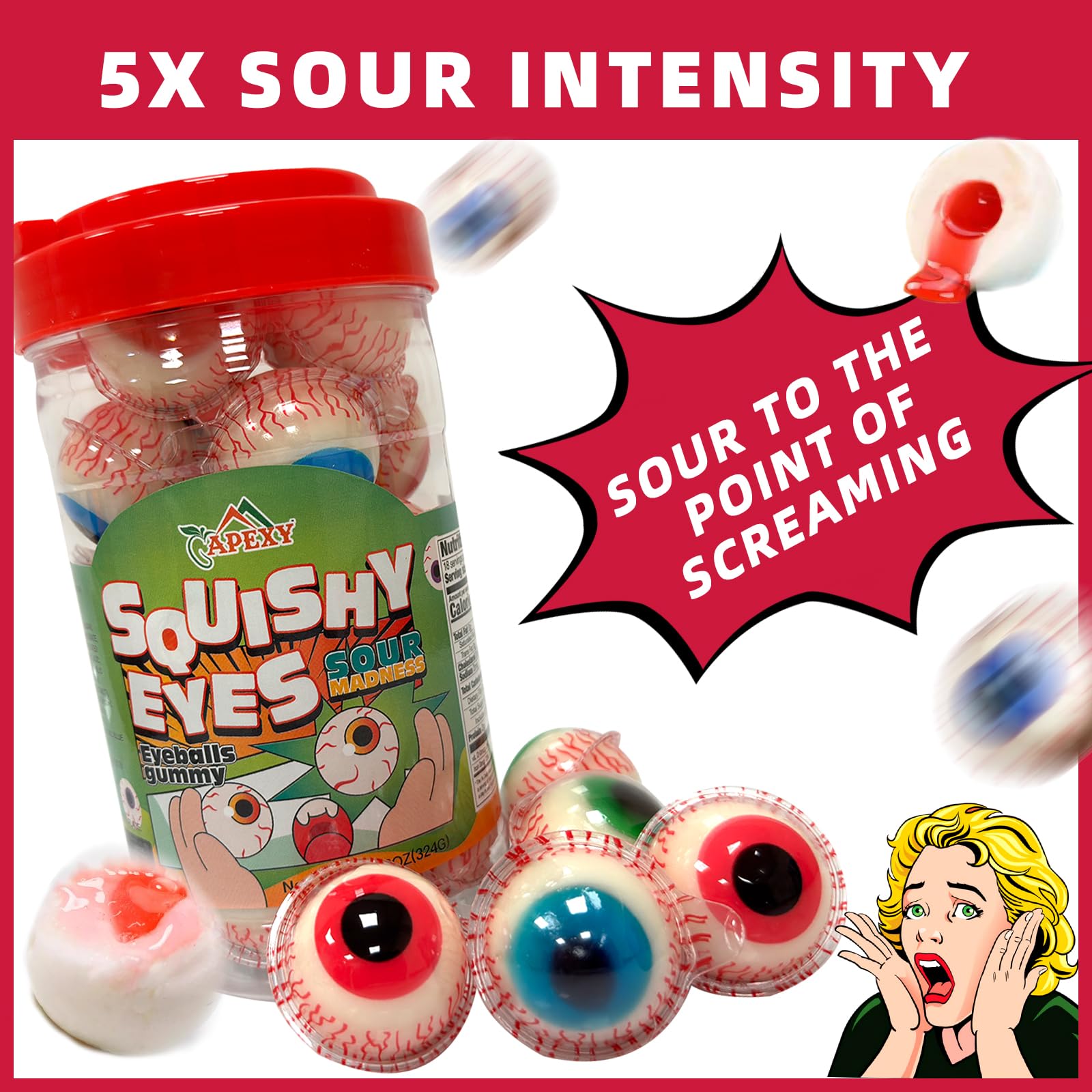 Apexy Sour Eyeball Gummies - with Fruity Liquid Center Eyeball Candy for Halloween, Birthday, Trick Or Treat, Party Candy - Jelly Filled Gummies, Fat