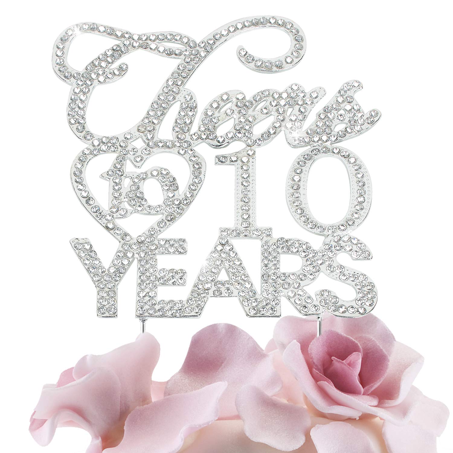 Bling Crystal Cheers To 10 Years Cake Topper - Best Keepsake 10th Birthday Or Anniversary Decor Party Decorations Silver