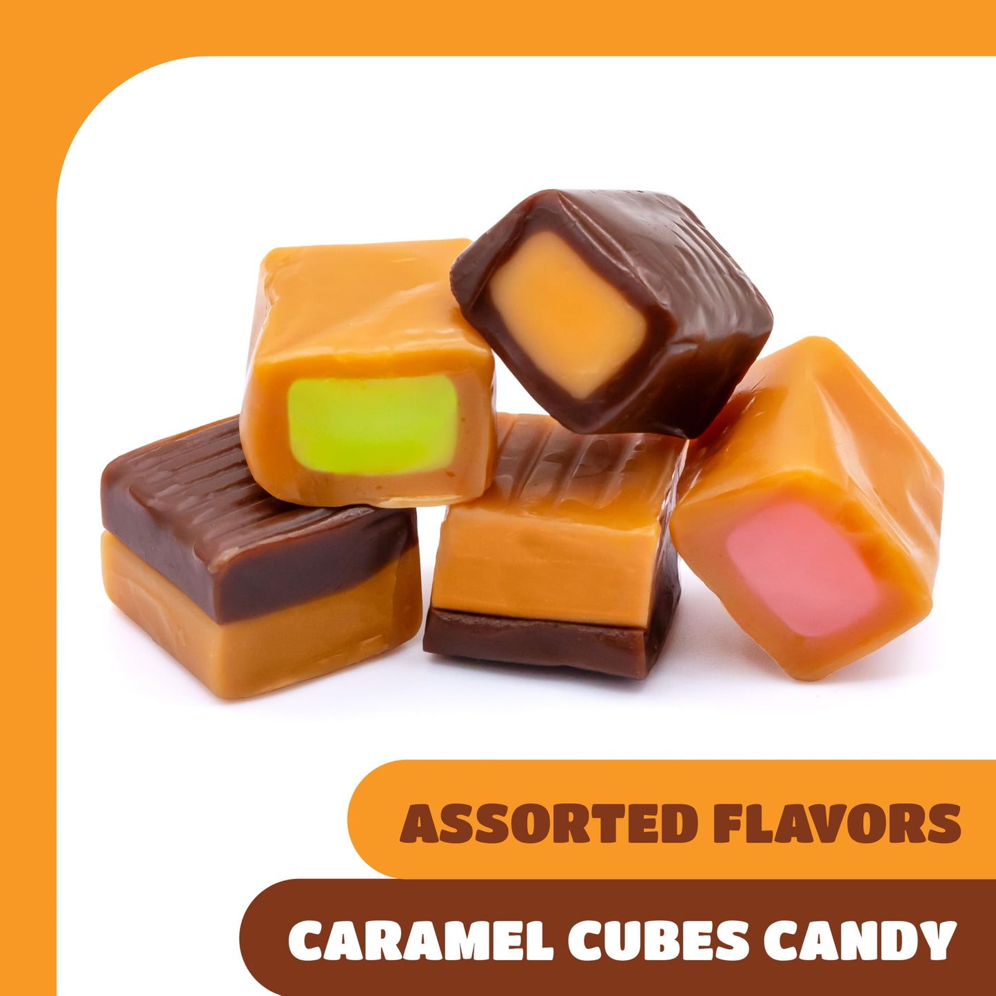 Caramel Candy Mix - 2 Pound Pack 150 Count - Filled Creamy Caramels Individually Wrapped - Vanilla, Chocolate, Apple, and Strawberry Cubes - Chewy