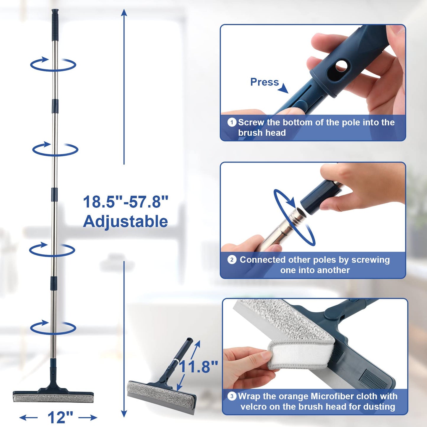 2 in 1 Window Cleaner Shower Squeegee with 12" Durable Squeegee,57.8" Long Handle,160°Rotatable Window Squeegee for Shower Glass Door,Car