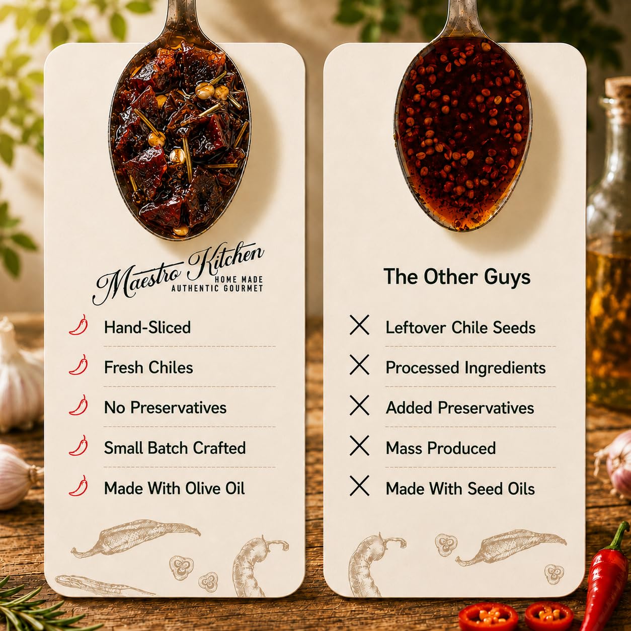 Maestro Kitchen Serrano Honey Chile Crunch - Medium Heat Sweet & Spicy Chili Crisp with Olive Oil, Garlic & Rosemary - Crunchy Mexican Chili Oil