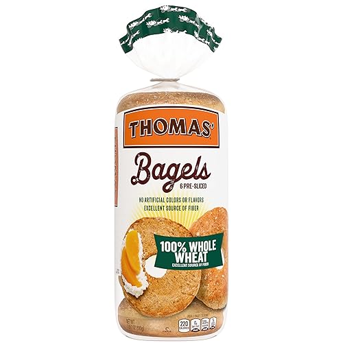 Thomas' 100% Whole Wheat Bagels, 6 count, (3.0 oz each), Excellent Source Of Fiber, Kosher Whole Grain Bagels, 18 oz Bag