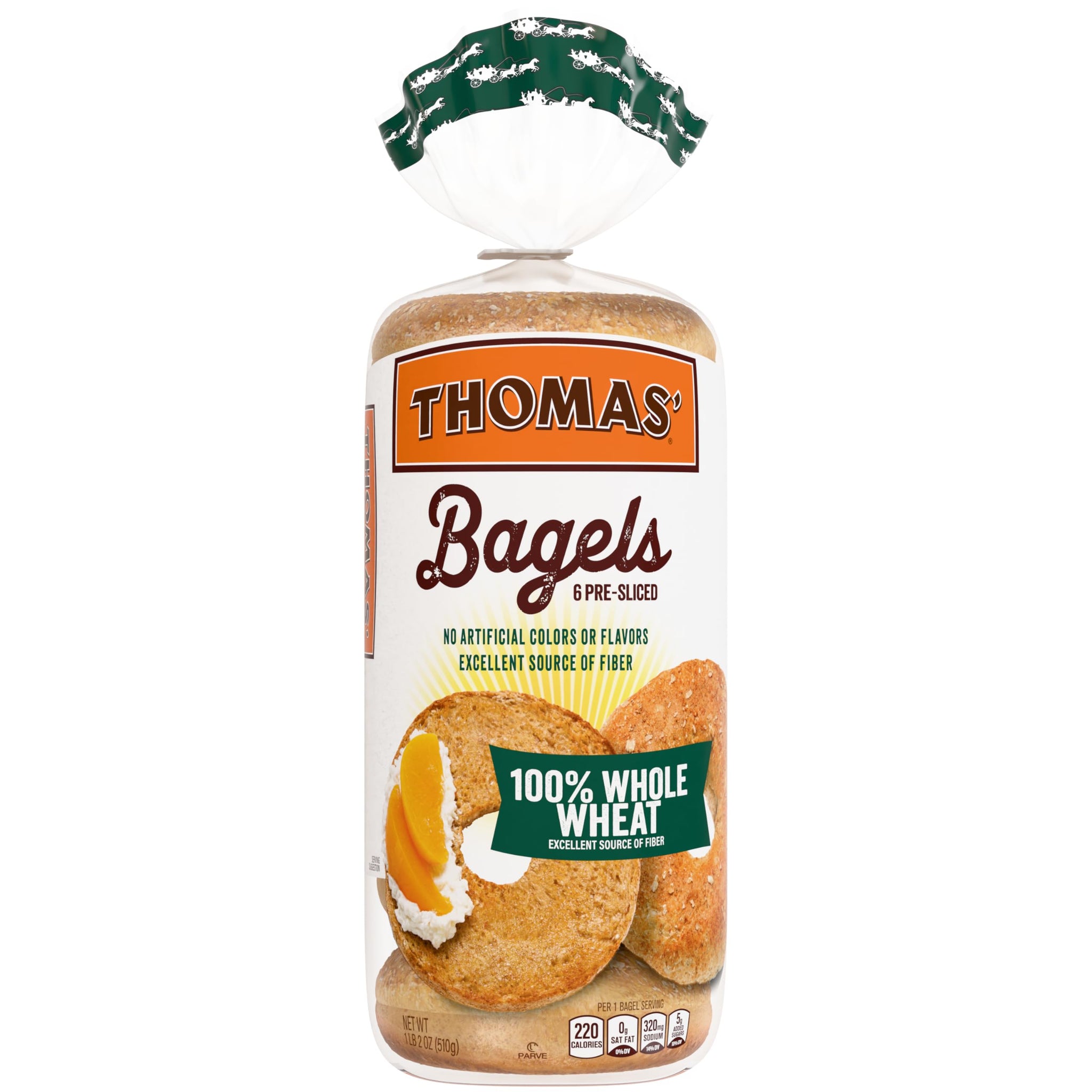Thomas' 100% Whole Wheat Bagels, 6 count, (3.0 oz each), Excellent Source Of Fiber, Kosher Whole Grain Bagels, 18 oz Bag