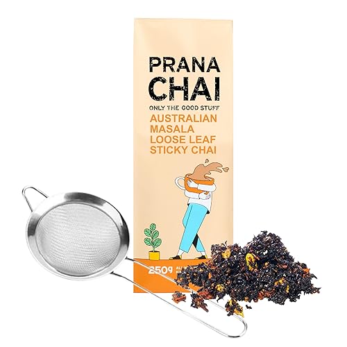 Prana Chai Masala Blend 250 gram + Fine Mesh Tea Strainer. Brew Chai and Strain at home with included 3 inch fine mesh strainer