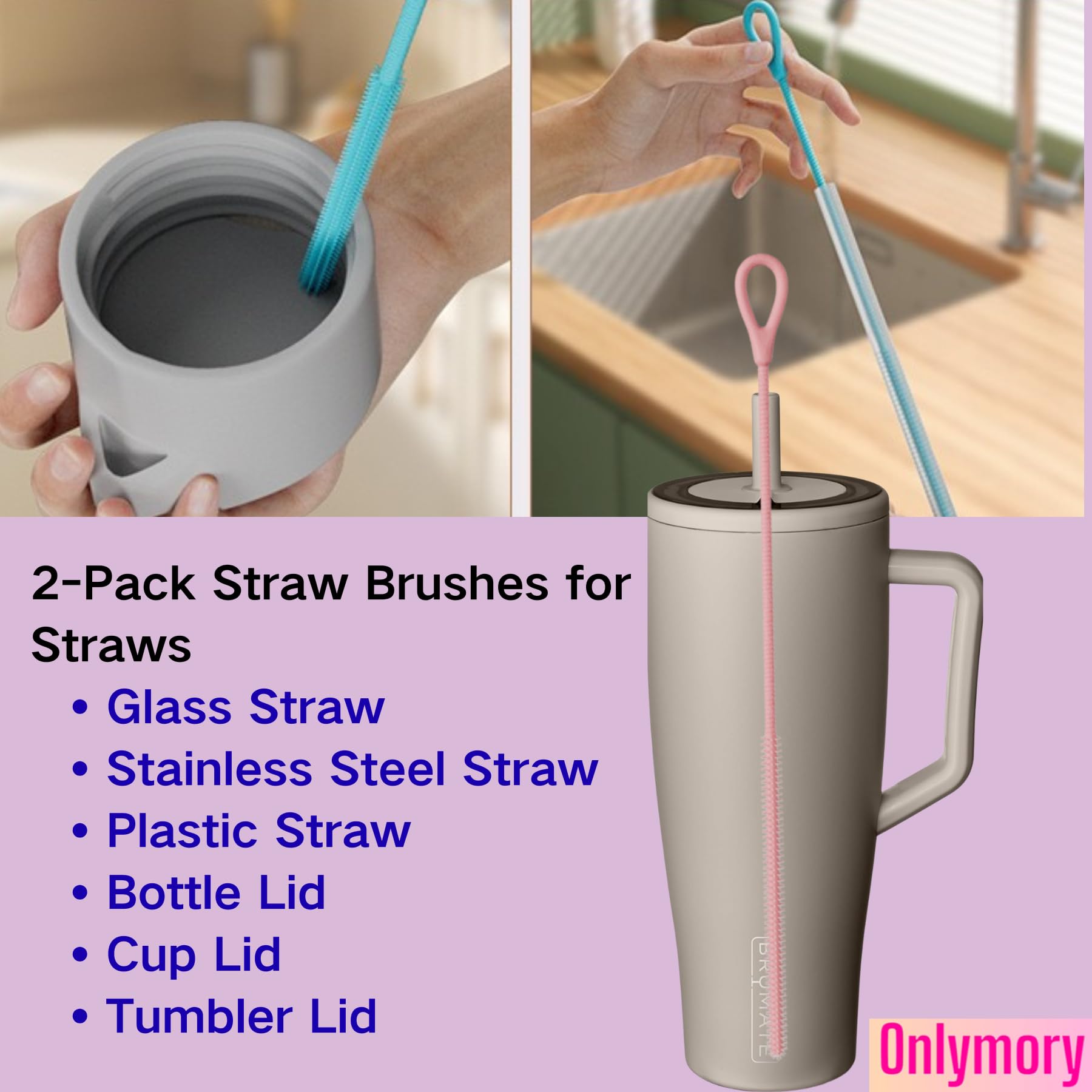 Straw Cleaner Brush, 2PCS Extra Long Silicone Straw Brush for Stanley Cup Accessories, Tumbler, Water Bottle, Reusable Straws Cleaning Brushes