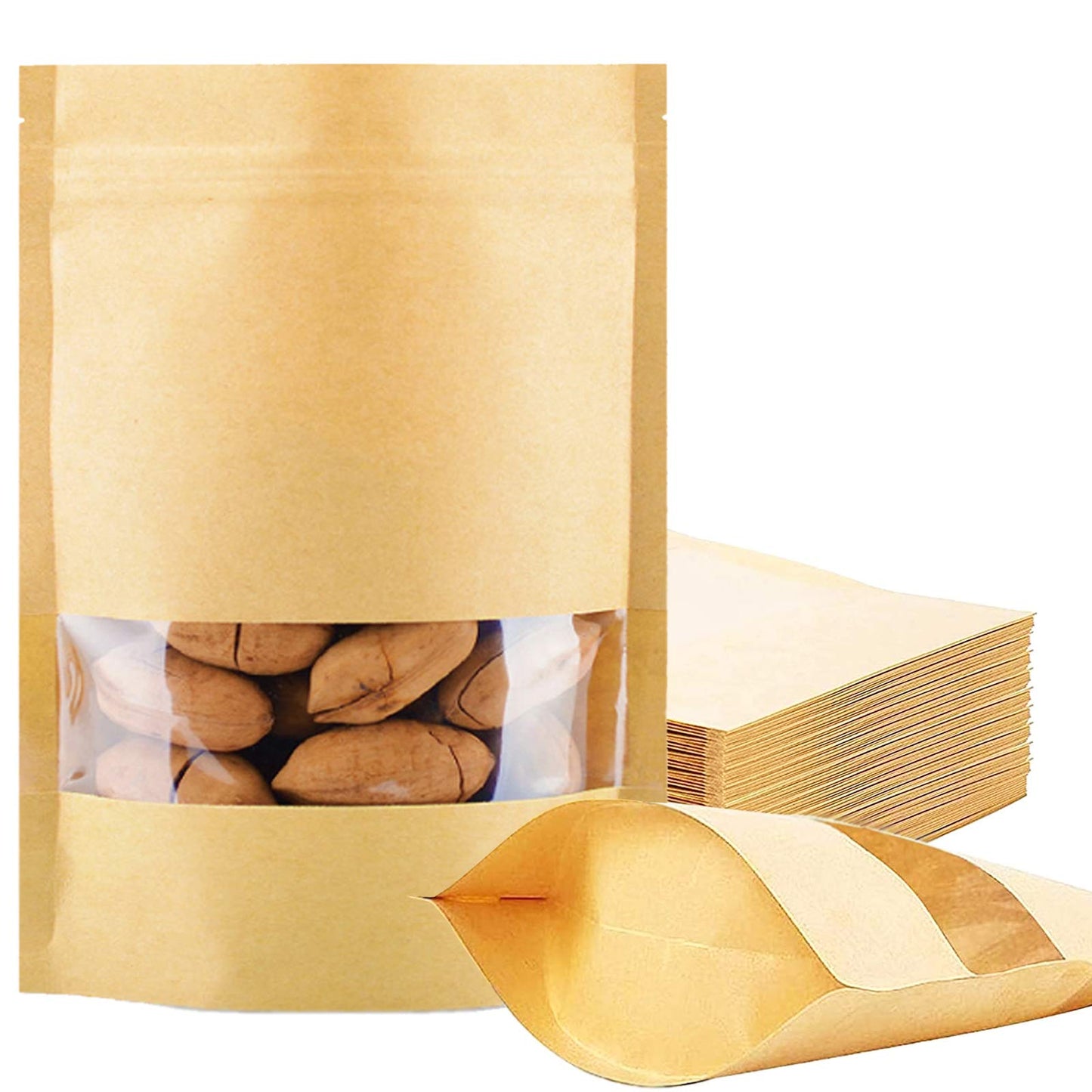 100 Pcs Resealable Stand Up kraft Paper Bags with Window for Packaging Products, Reusable Zip Lock Food Storage Pouch Bags (3.9" x 5.9")