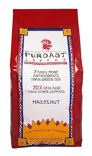 Puroast Low Acid Coffee Whole Bean | Hazelnut Whole Bean | Medium Roast | High Antioxidants & High pH |No Bitter Aftertaste | Reduced Heartburn & GERD