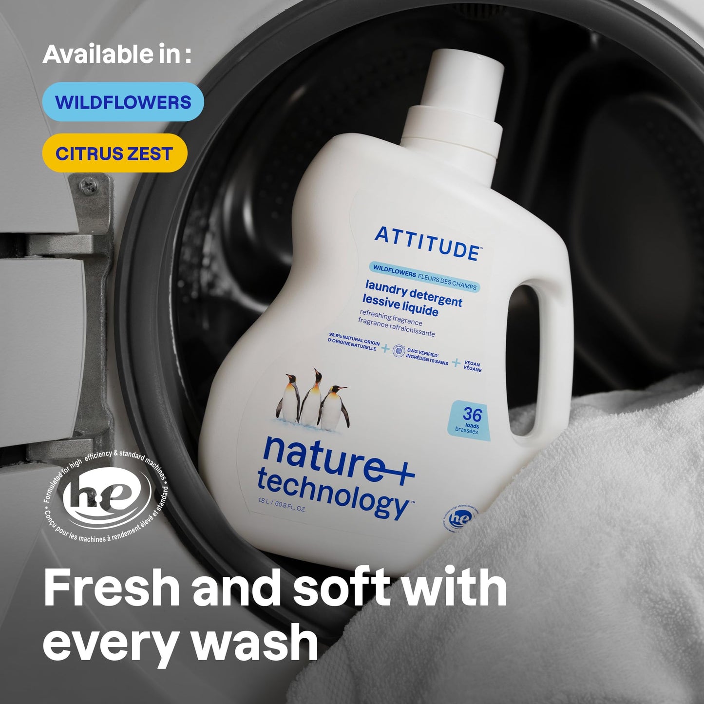 ATTITUDE Liquid Laundry Detergent, EWG Verified, HE Compatible, Plant-Based & Vegan, Natural Laundry Soap, Wildflowers Scent, 36 Loads, 60.8 Fl Oz