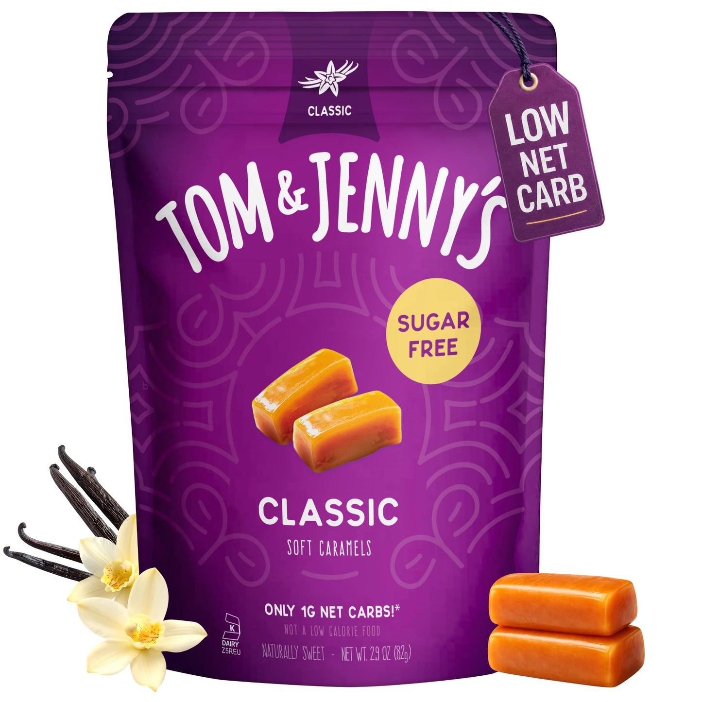 Tom & Jenny's Sugar Free Caramel - Individually Wrapped Sugar Free Candy - Zero Sugar Keto Caramels (Sea Salt & Vanilla Classic Chewy Caramel)