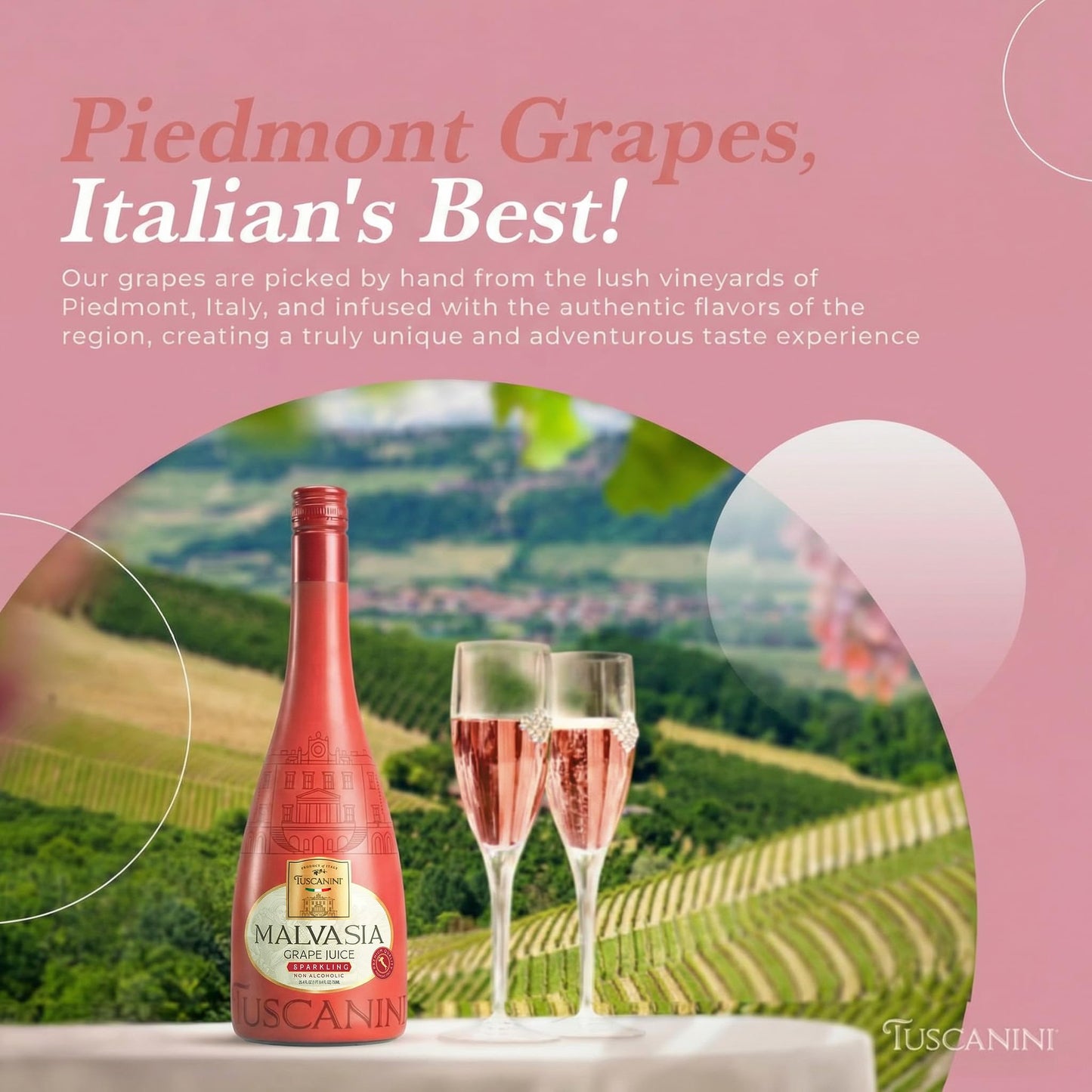 Tuscanini Italian Sparkling Malvasia Grape Juice, 25.4 oz (2 Pack) | Non-Alcoholic Celebration Drink | Elegant Champagne Bottle | Imported from Italy