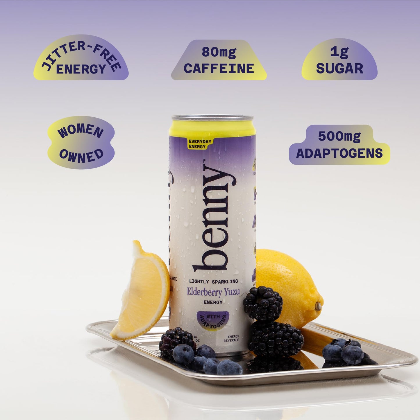 Benny Blackberry Yuzu Sparkling Clean Energy Drink | 80mg Natural Caffeine Yerba Mate | Lion's Mane & Ginseng | 1g Sugar, 5 Calories | No Artificial