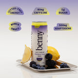 Benny Blackberry Yuzu Sparkling Clean Energy Drink | 80mg Natural Caffeine Yerba Mate | Lion's Mane & Ginseng | 1g Sugar, 5 Calories | No Artificial