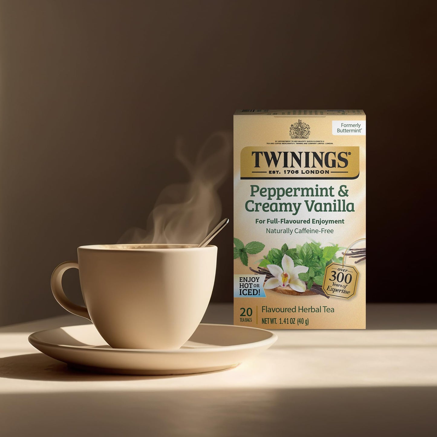 Twinings Peppermint & Creamy Vanilla Tea - A Crisp, Balanced Herbal Tea, Formerly Buttermint, Naturally Caffeine-Free Tea Bags, Individually Wrapped