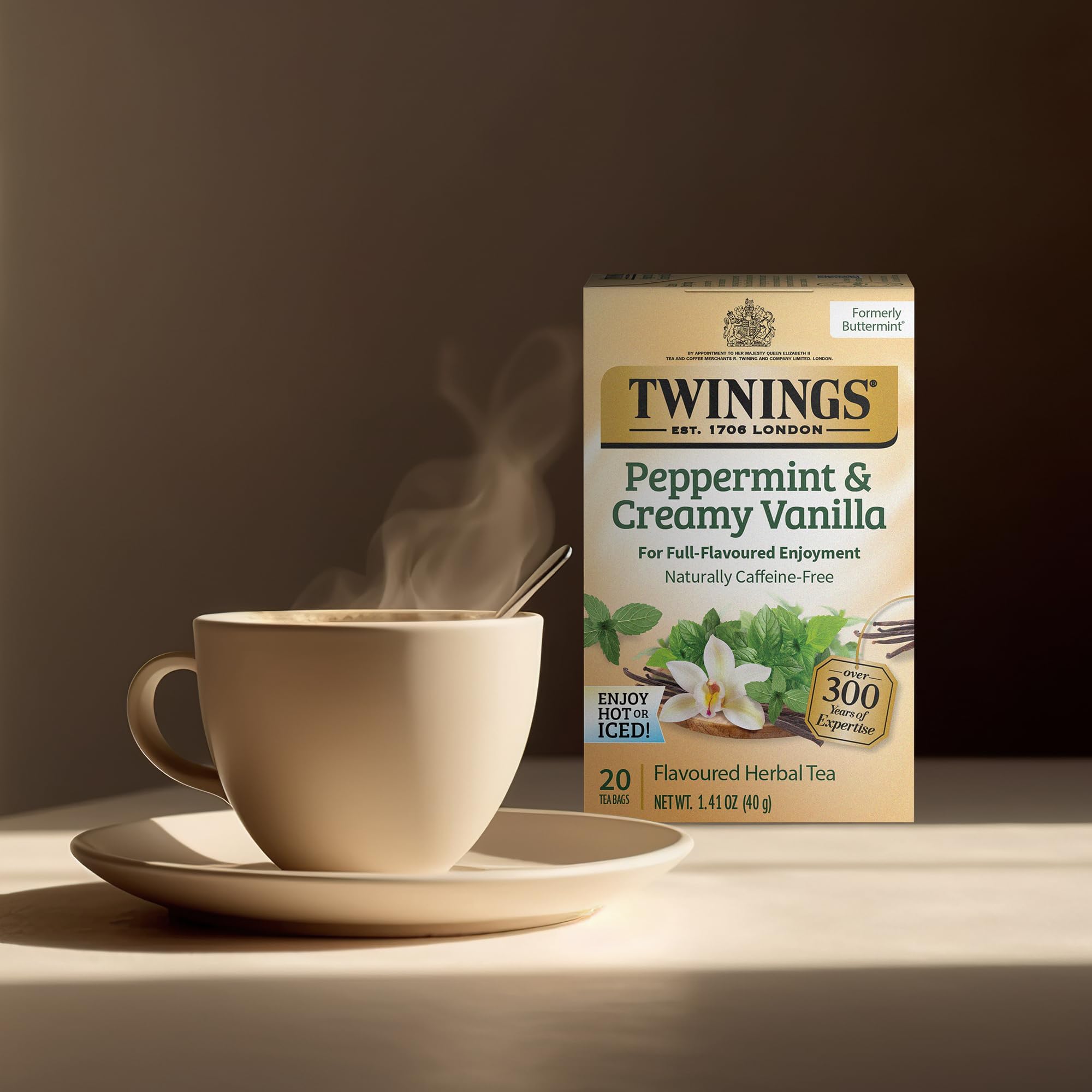 Twinings Peppermint & Creamy Vanilla Tea - A Crisp, Balanced Herbal Tea, Formerly Buttermint, Naturally Caffeine-Free Tea Bags, Individually Wrapped