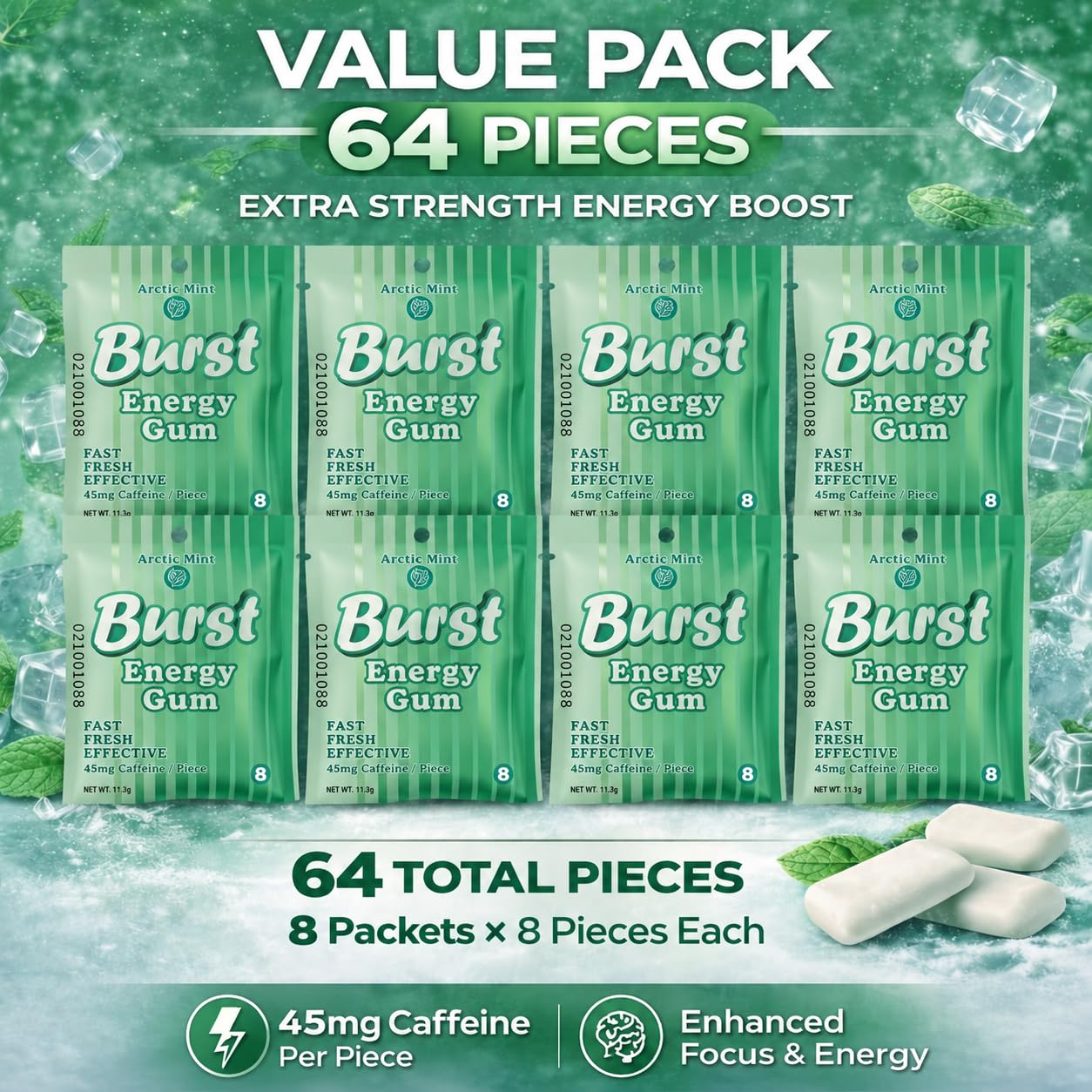 Burst Energy Gum - 45mg Caffeine Per Piece, Focus & Energy Burst, Arctic Mint 8 Packs of 8 (64 Pieces), Manage Stress & Functional Gum, Hunger Control