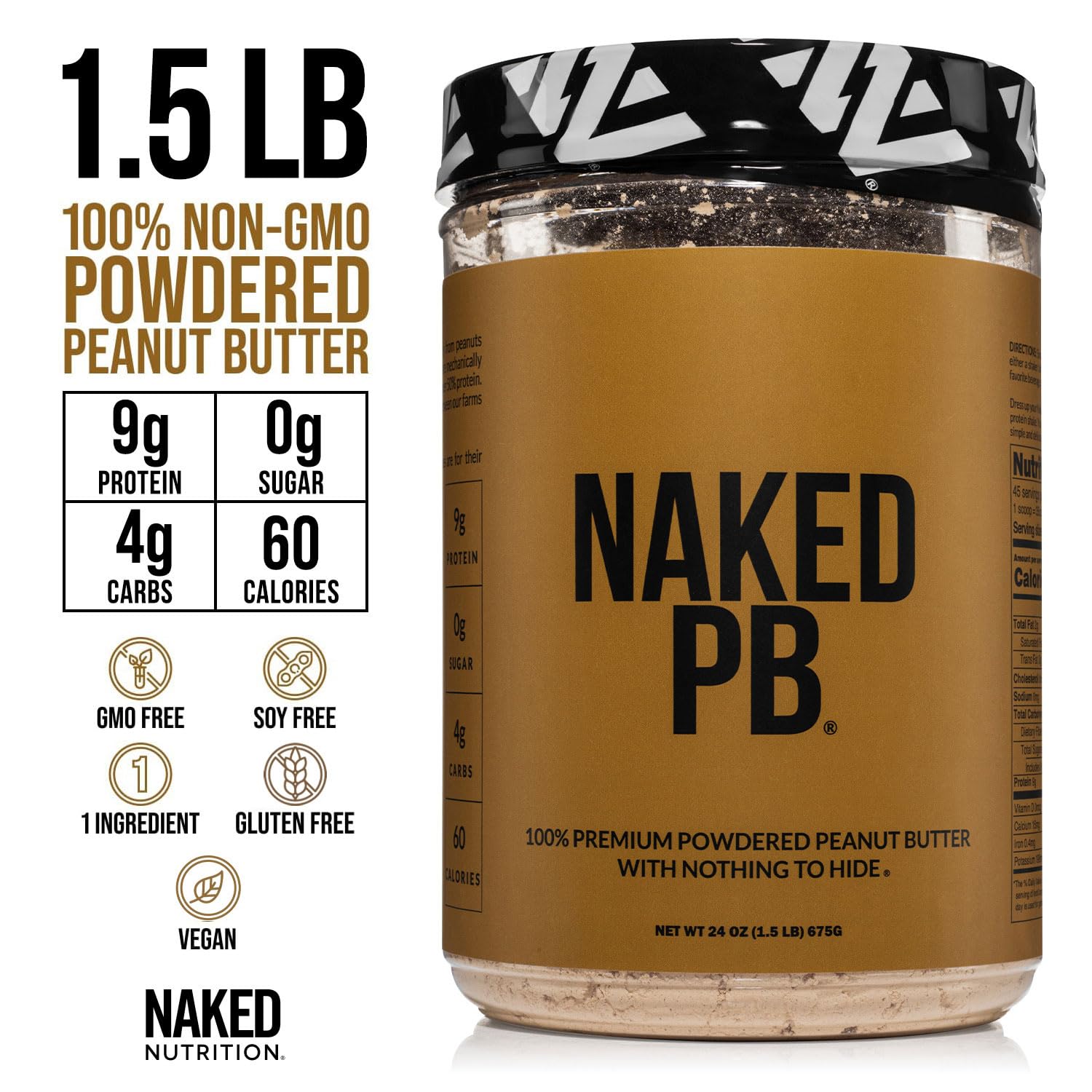 Naked 1.5 LB Powdered Peanut Butter from US Farms - Bulk, Only 1 Ingredient - Roasted Peanuts, Vegan, No Additives, Preservative Free, No Salt, No