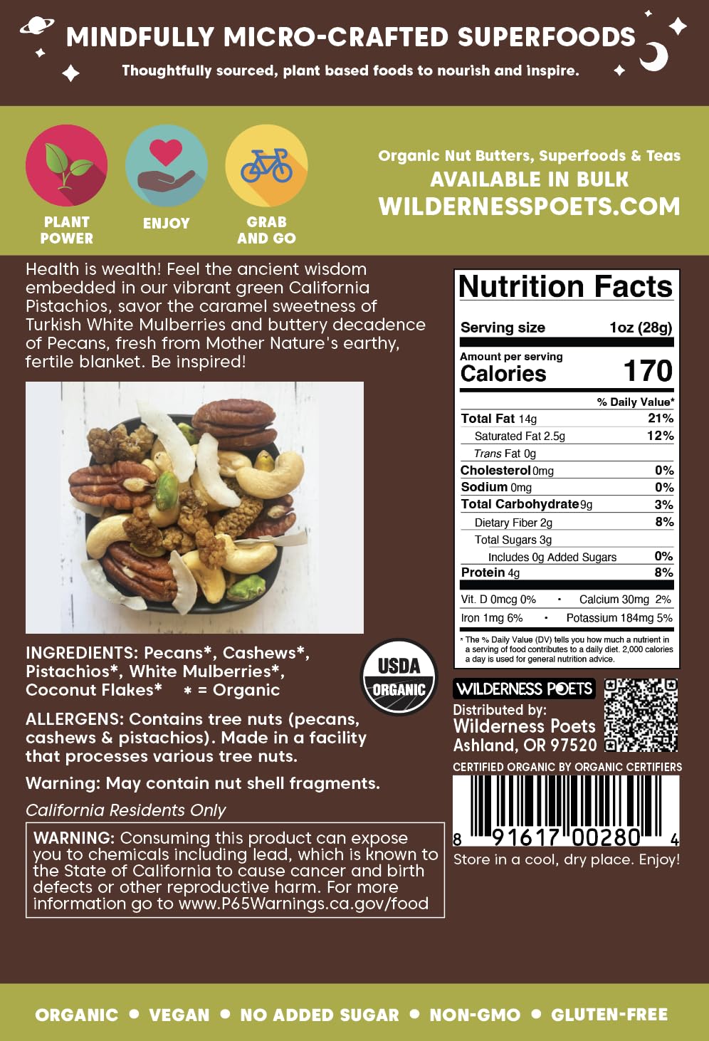 Wilderness Poets, Song of Delight Wild Mix - Organic Raw Trail Mix - Pecans, Cashews, Mulberries, Pistachios, Coconut Ribbons - 2 Pound (32 Ounce)