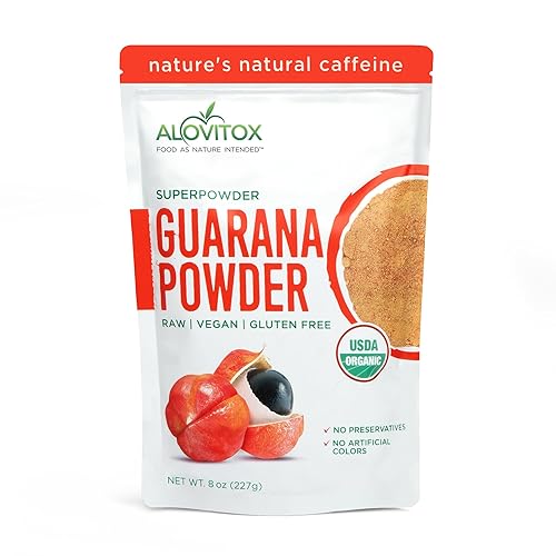 Alovitox Organic Guarana Seed Powder | Raw Guarana Seed Extract, Vegan, Non-GMO & Gluten-Free (Superfood, 65mg of Natural Caffeine per Serving)