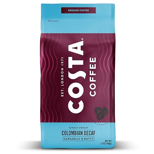 Costa Coffee Decaf Coffee Ground, Medium Roast 12 Oz Bag, Caramel & Nutty Full Flavor, Caffeine-Free 100% Columbia Arabica Beans, Smooth & Low-Acid