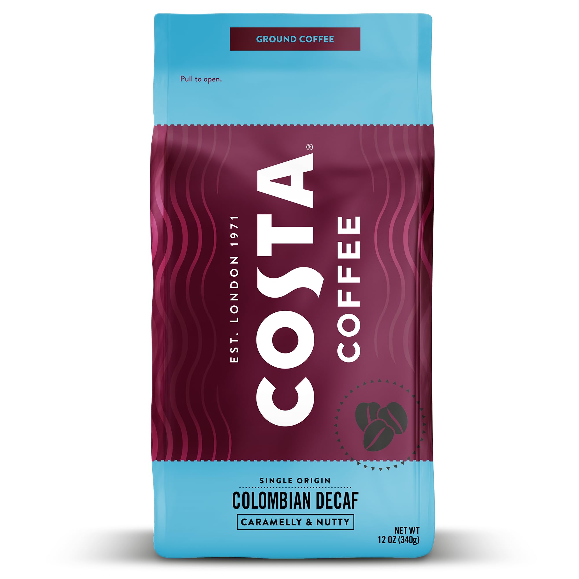 Costa Coffee Decaf Coffee Ground, Medium Roast 12 Oz Bag, Caramel & Nutty Full Flavor, Caffeine-Free 100% Columbia Arabica Beans, Smooth & Low-Acid