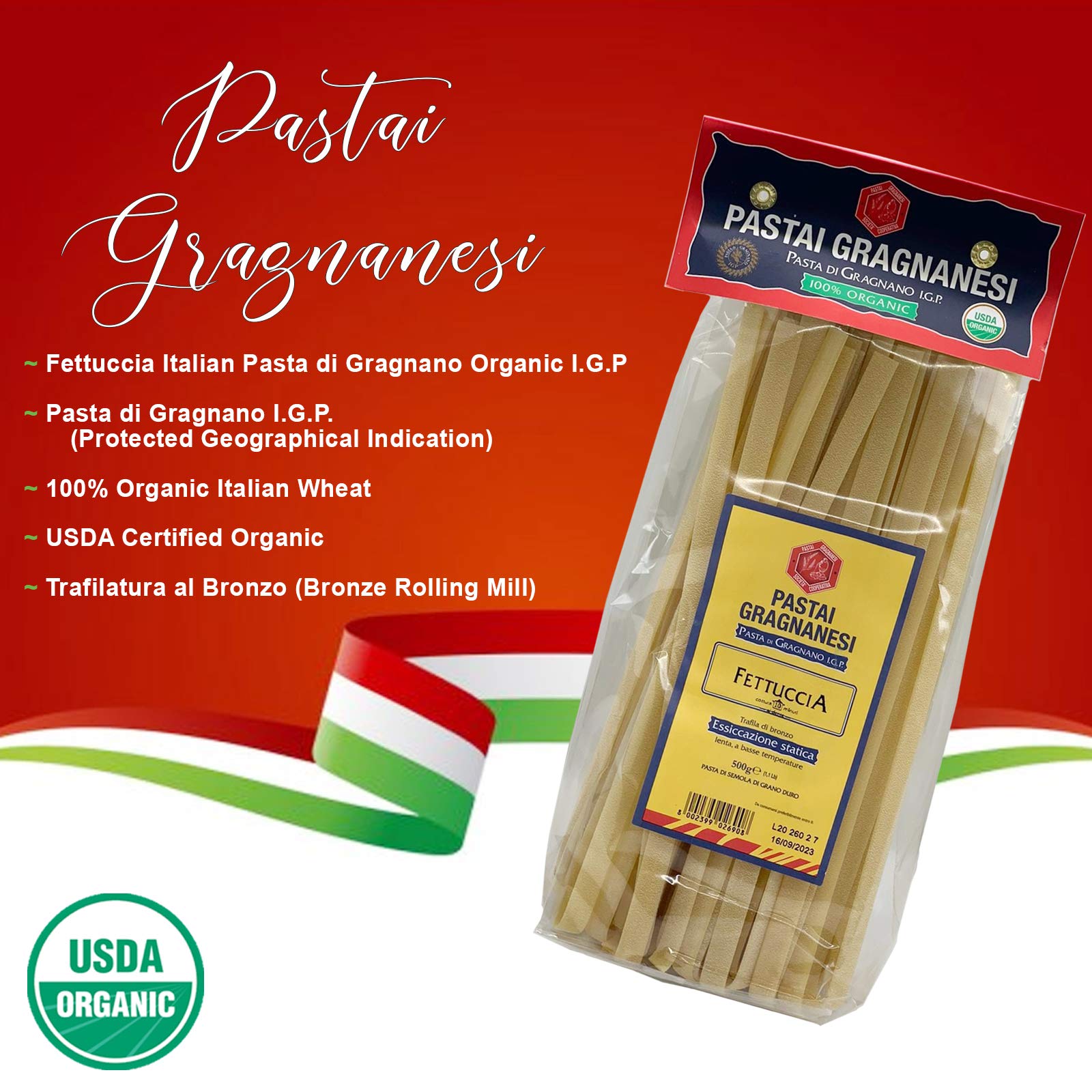 Fettuccia Organic Italian Pasta di Gragnano | I.G.P. Protected | USDA Certified Organic | 17.6 Ounce | 500 Gram | Pack of 5
