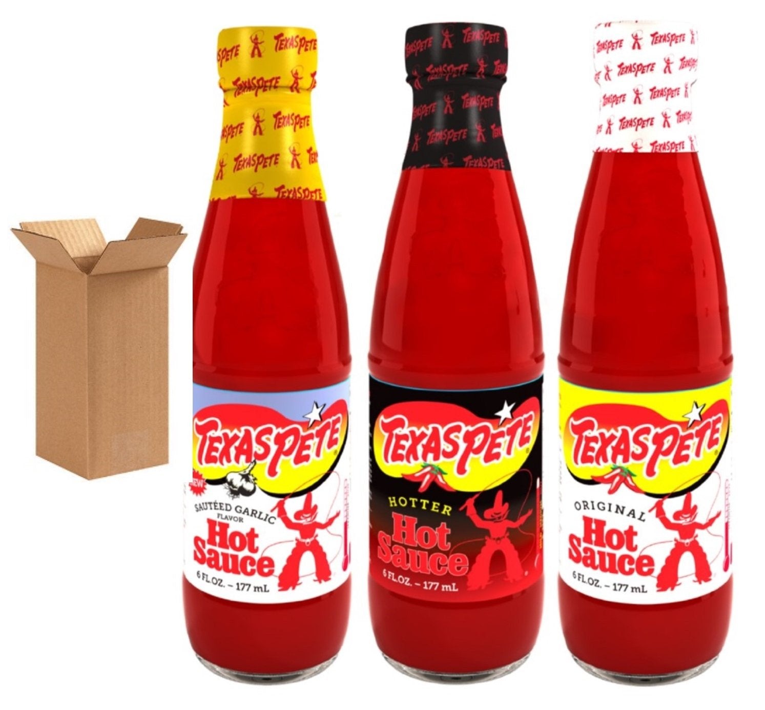 Bundle - 3 Items: Texas Pete Hot Sauce Sampler - Hot, Hotter, & Garlic - 6 oz Bottles