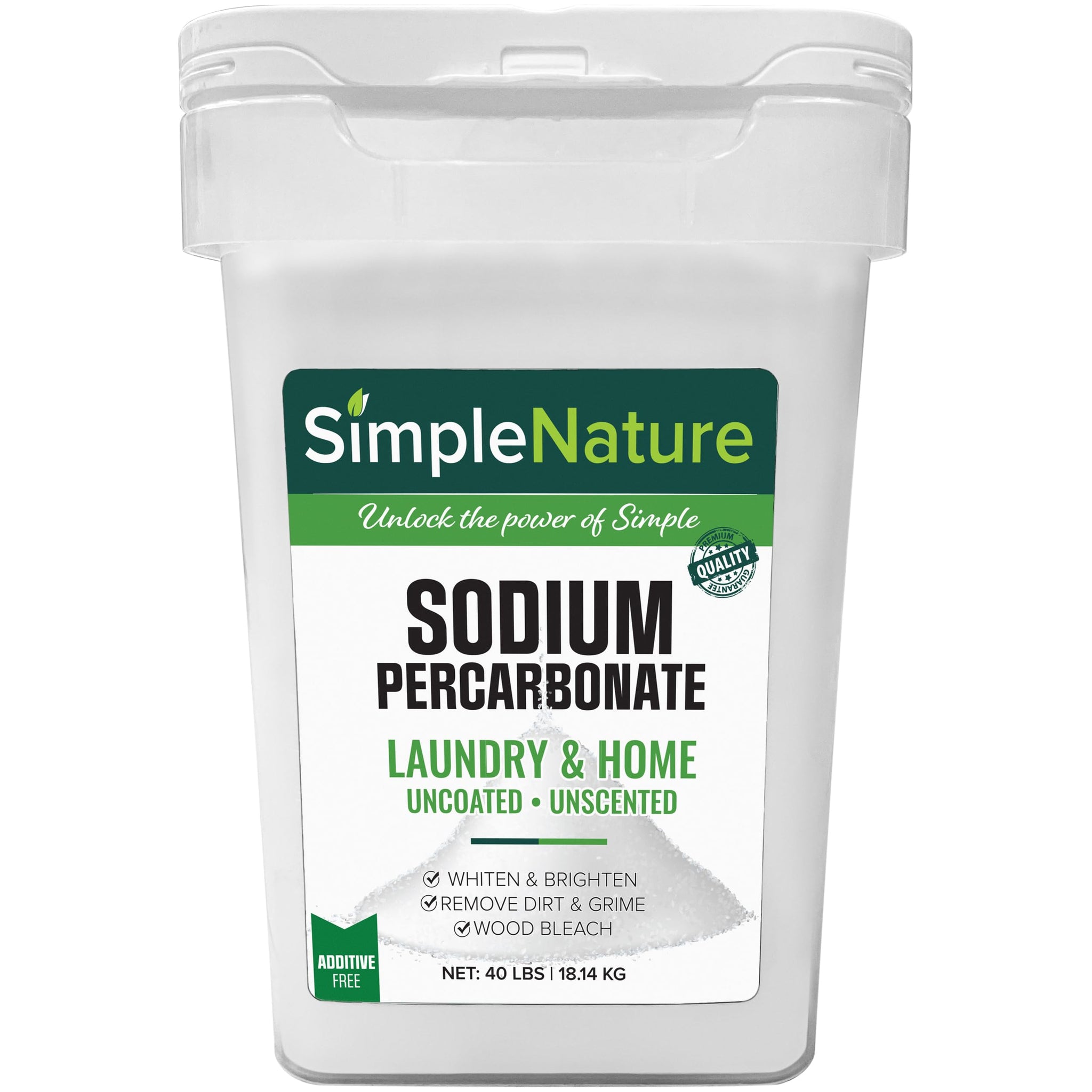 SimpleNature Sodium Percarbonate (40 lbs) - Versatile Scent-Free Cleaner for Home, Laundry, and Decking - Pure Oxygen Bleach - Convenient Container