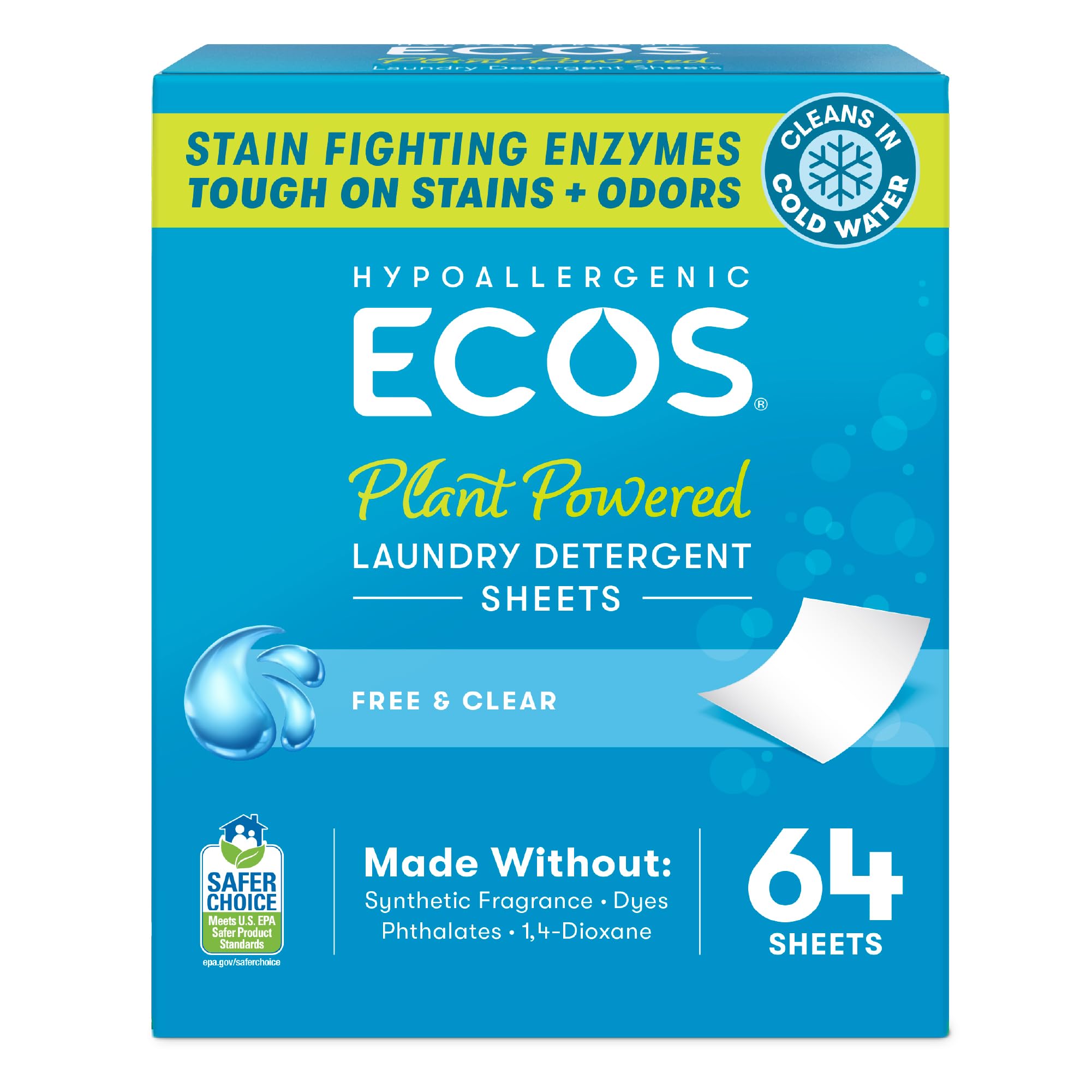 ECOS Laundry Detergent Sheets Vegan, No Plastic Jug, No Mess & Liquid Free - Hypoallergenic, Plant Powered Laundry Detergent Sheet - Free and Clear