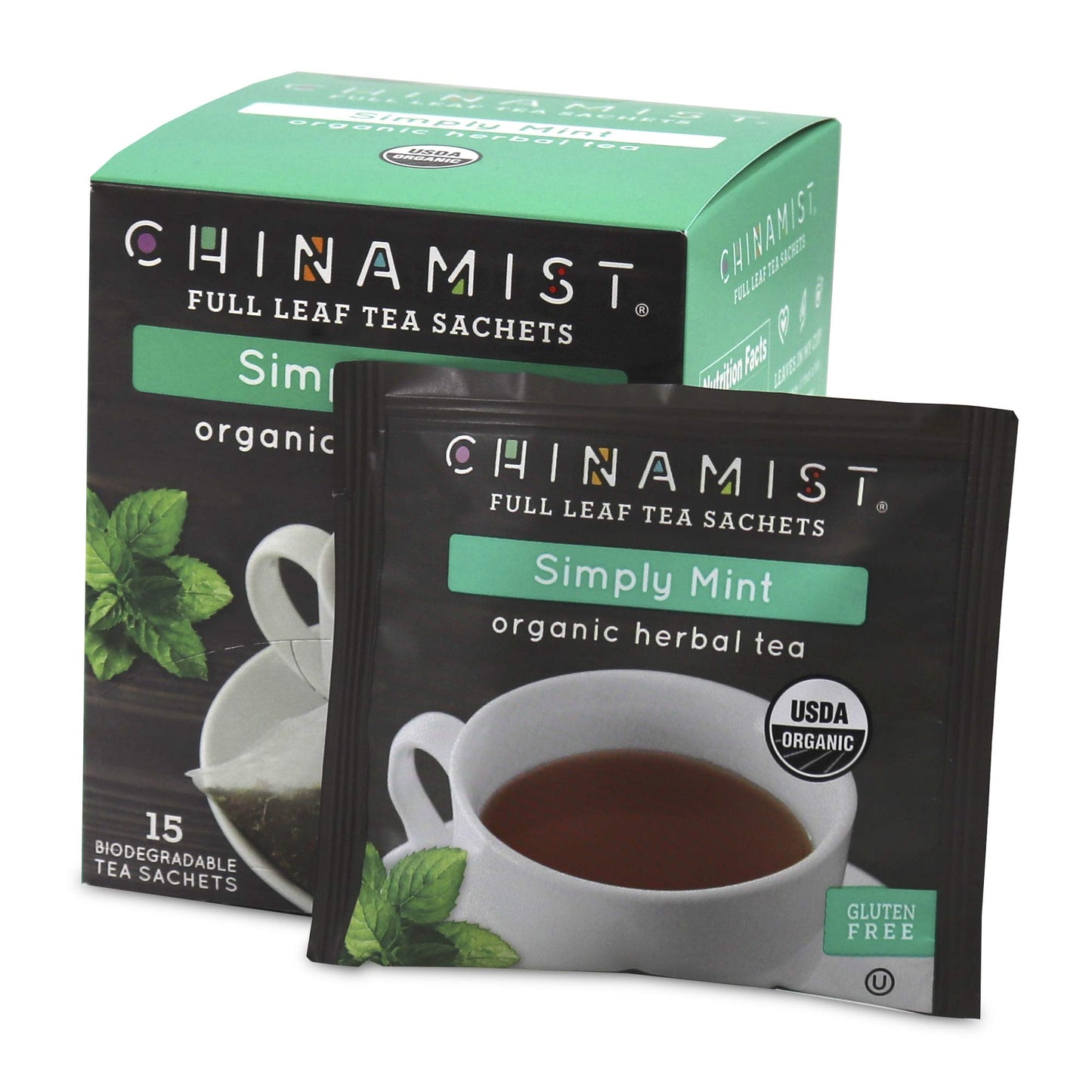 CHINAMIST Simply Mint Herbal Tea Sachets, Organic Peppermint & Spearmint, Caffeine Free, Full Leaf, Biodegradable Sachets, 15 Count (Pack of 1)