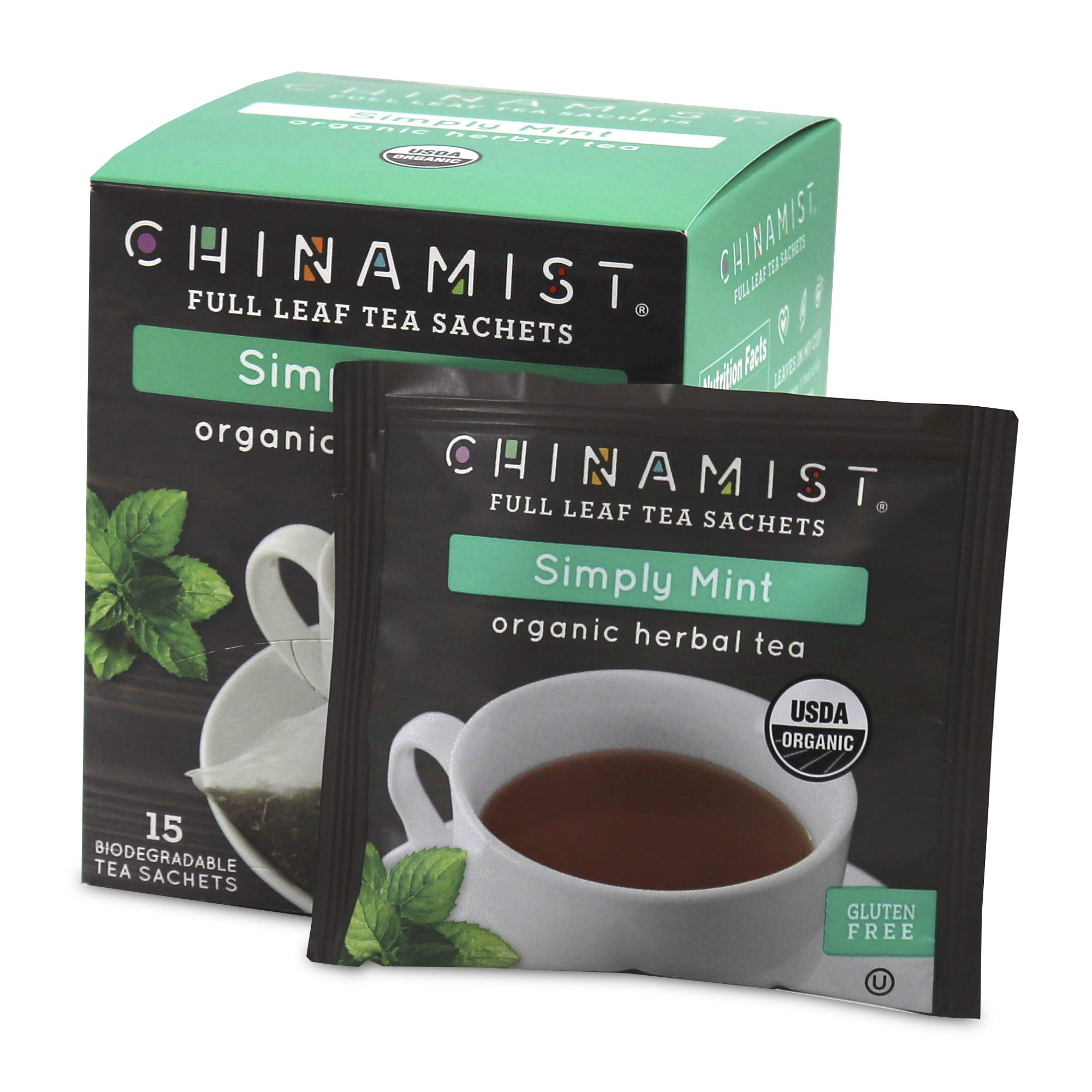 CHINAMIST Simply Mint Herbal Tea Sachets, Organic Peppermint & Spearmint, Caffeine Free, Full Leaf, Biodegradable Sachets, 15 Count (Pack of 1)