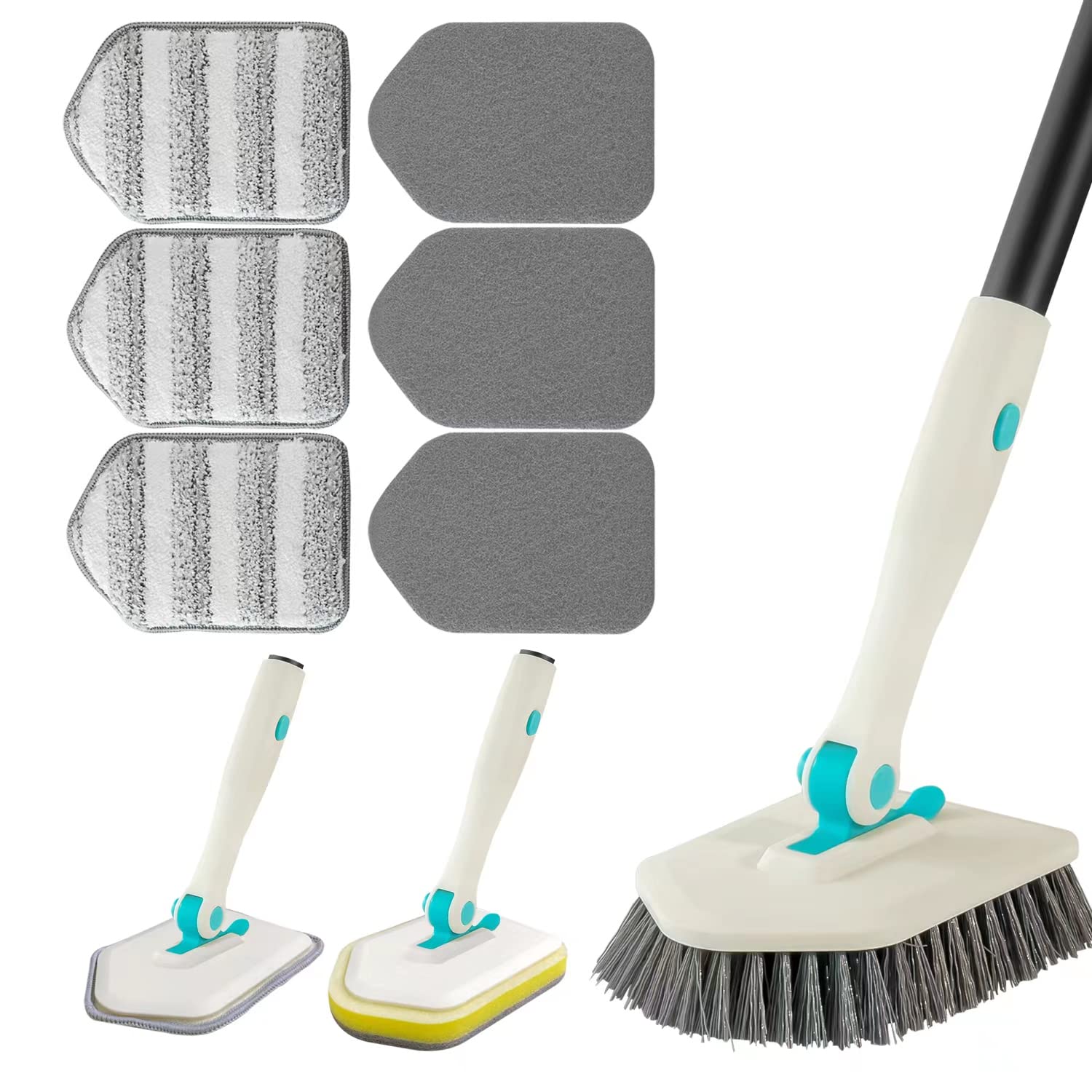 3 in 1 Scrub Cleaning Brush with Long Handle 51'' - Shower Bathtub Tub & Tile Scrubber Brush Include 1 Stiff Brush Head & 3 Scouring Pads & 3