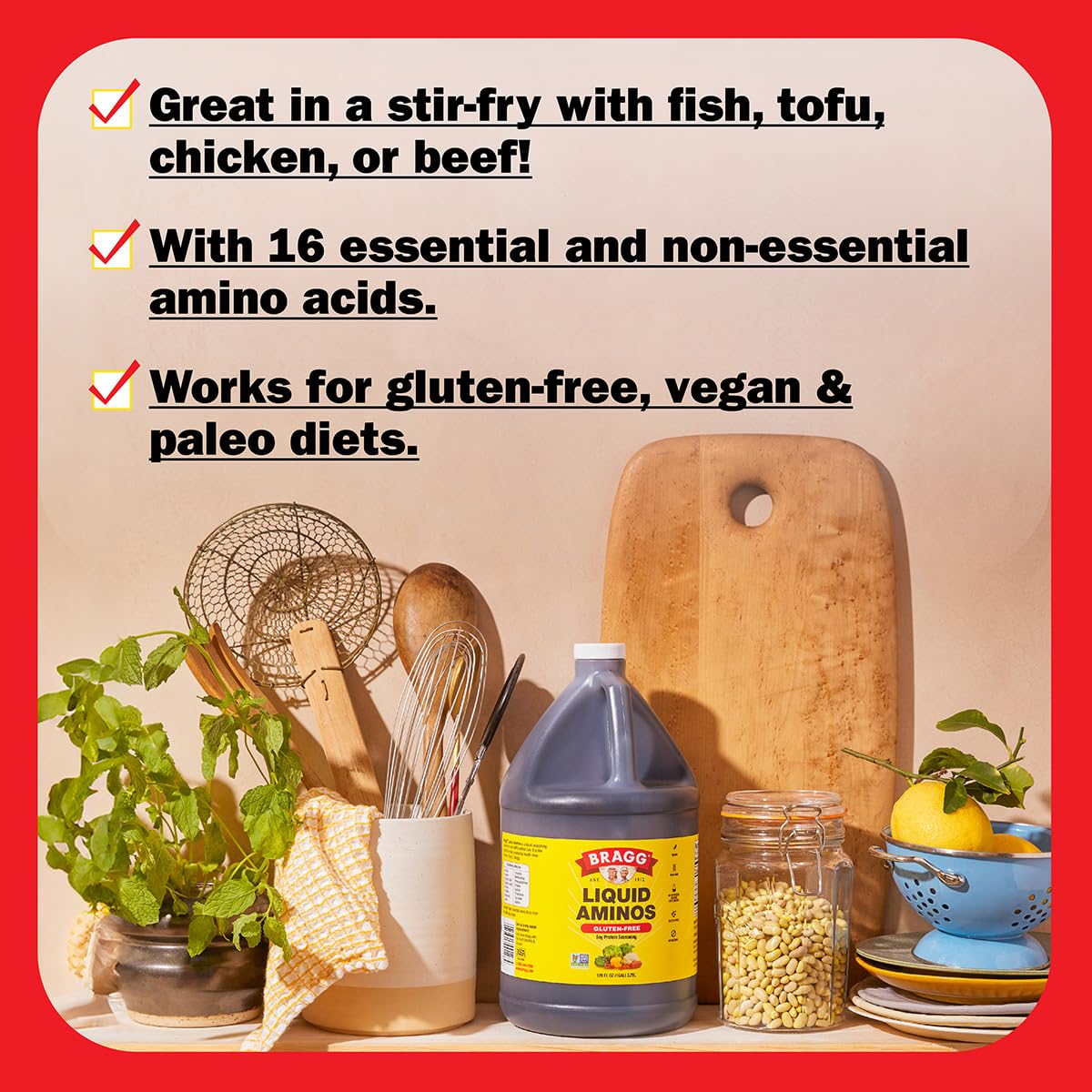 Bragg Liquid Aminos All-Purpose Seasoning - 16 fl oz - Gluten-Free Soy Sauce Alternative - Perfect for Stir-Fries and Cooking at Home