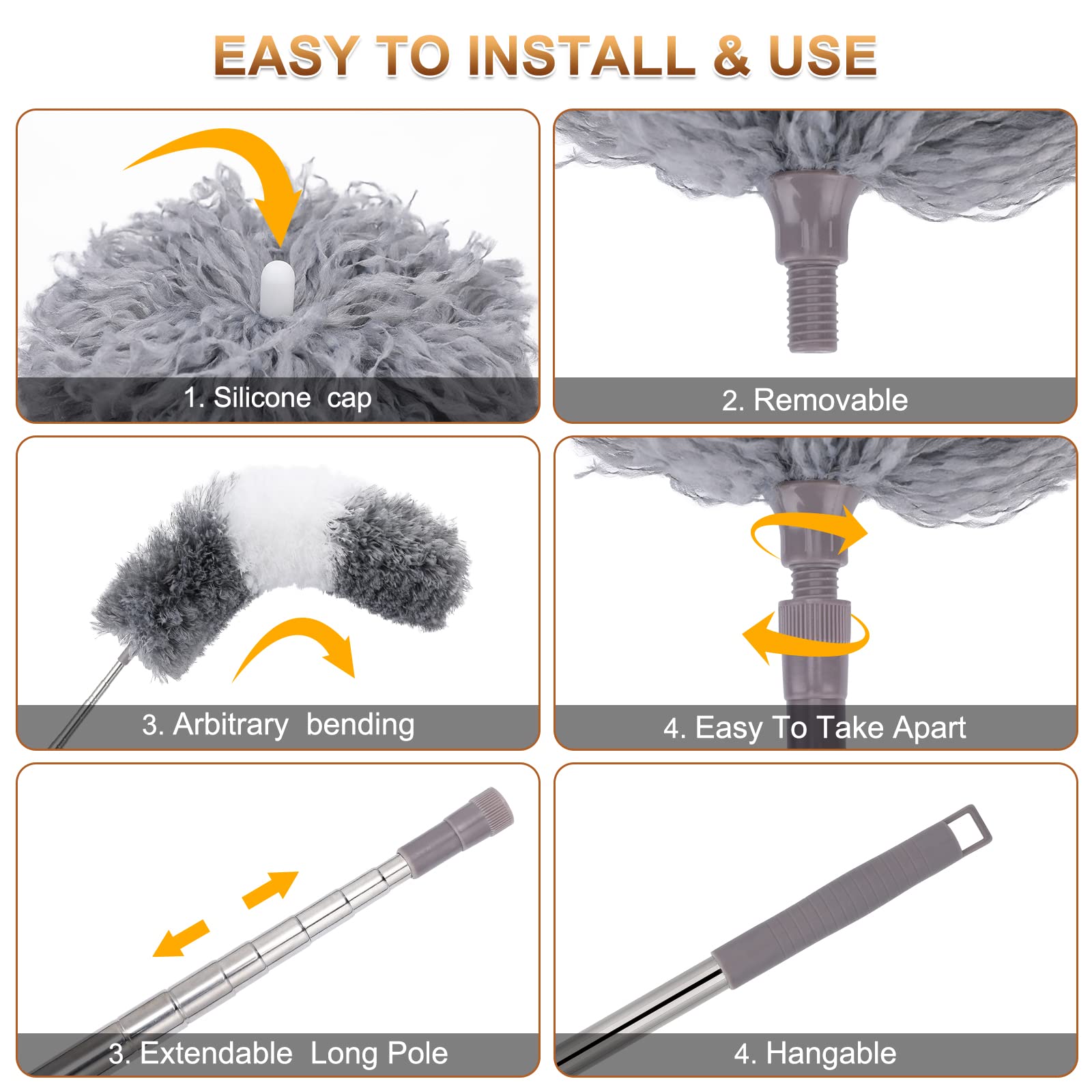 DEEHYO Microfiber Duster for Cleaning Fan, High Ceiling, Blinds, Furniture, Cars , 9PCS Extendable Feather Duster (Stainless Steel) 30 to 100 Inches