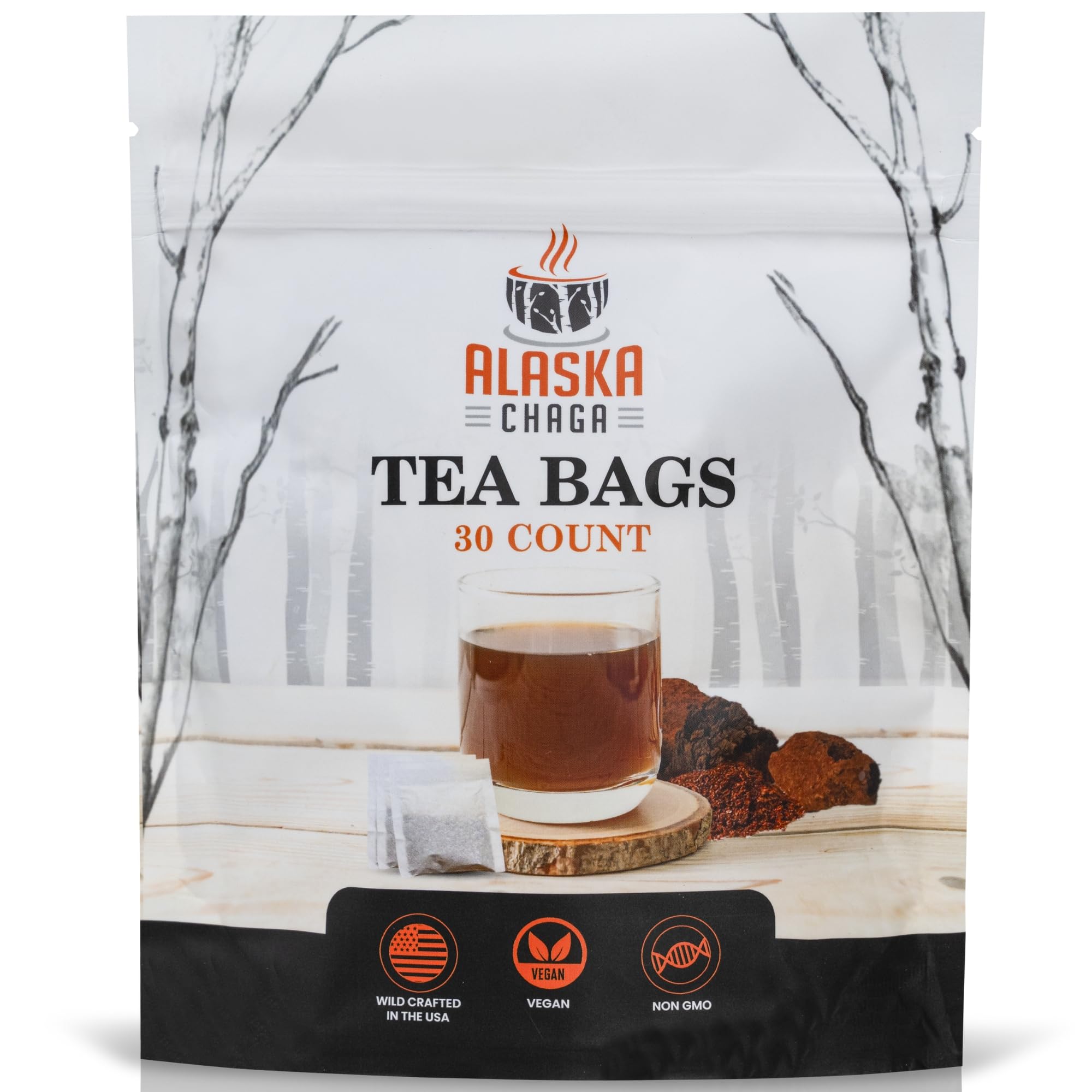 Alaska Chaga Tea - 30 Bleach Free Tea Bags - Organic, Wild Harvested, Caffeine-Free - Supports Immune System (30)