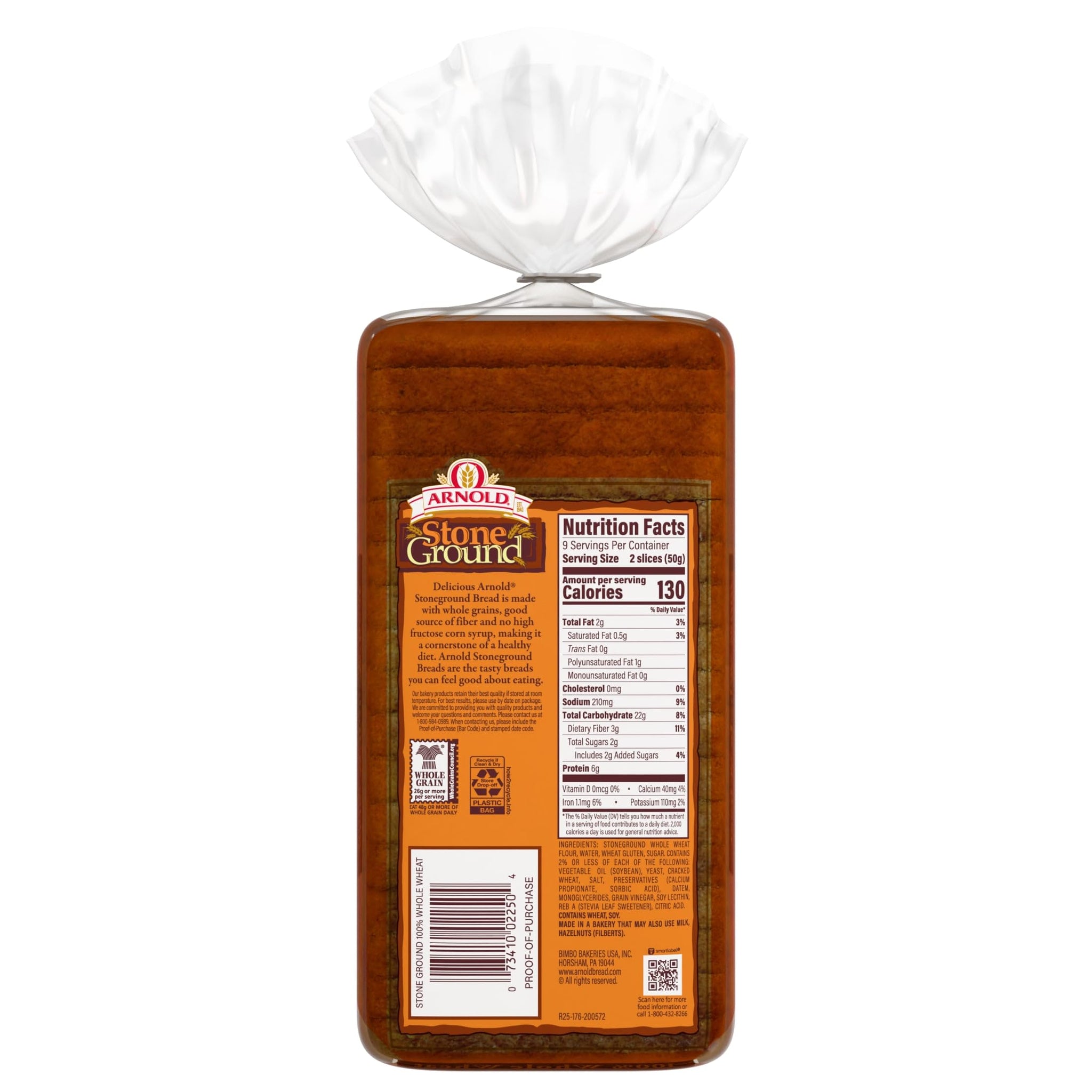 Arnold Stone Ground 100% Whole Wheat Bread, Full-Bodied Flavor, 16 oz