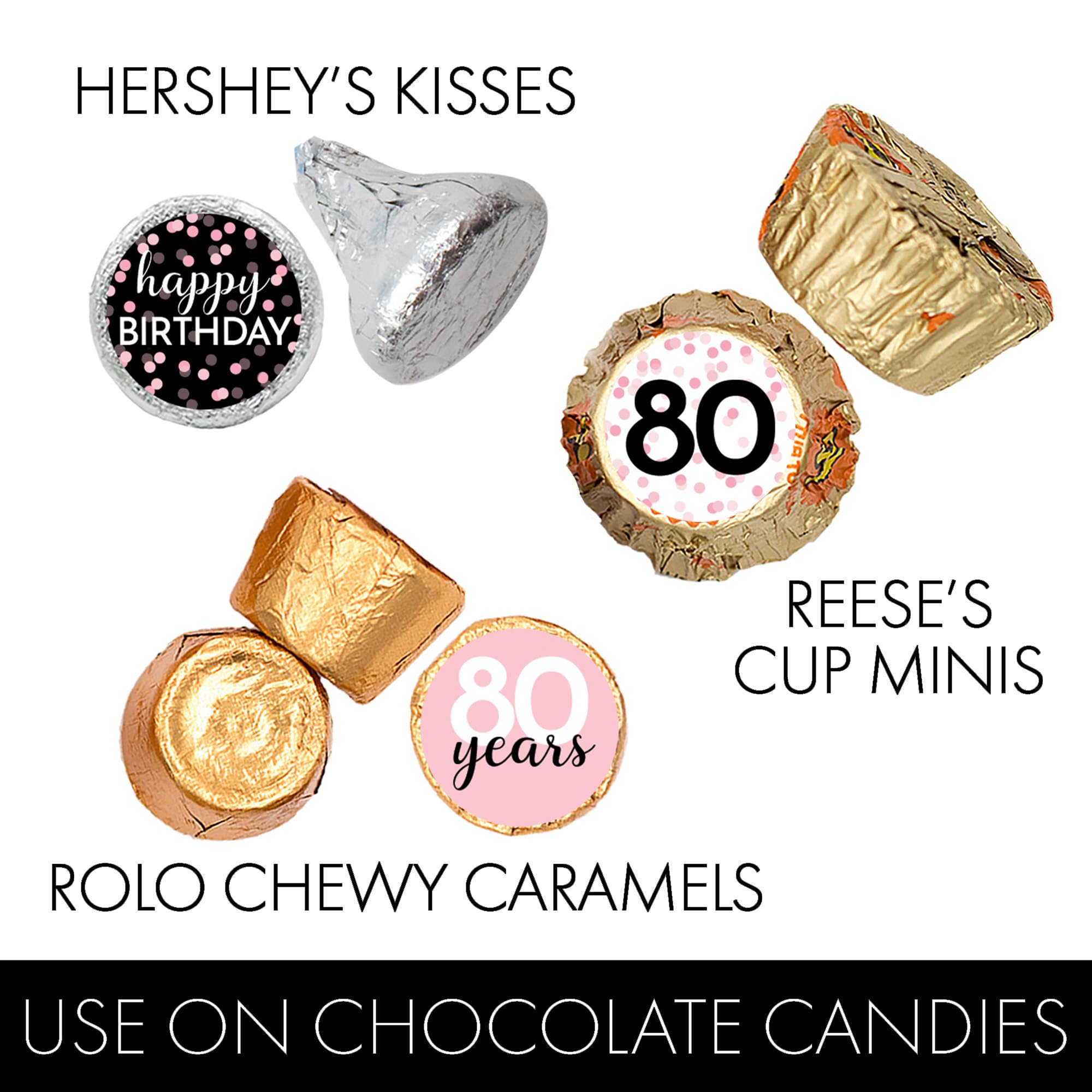 Pink 80th Birthday Party Favors Stickers, Chocolate Kisses Candy Labels for Guests - 180 Count