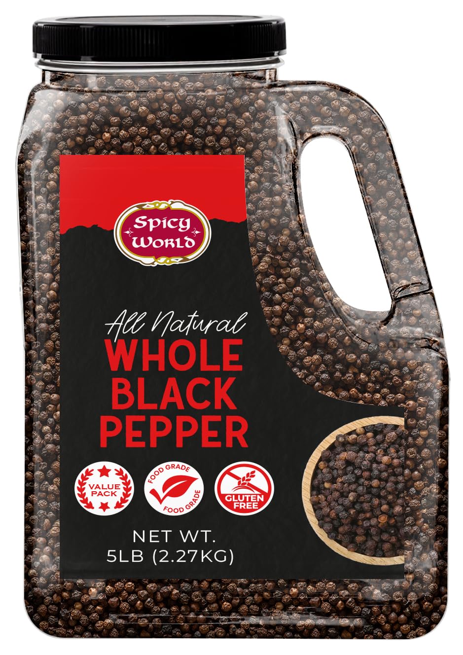 Black Peppercorns Whole 5 LB Bulk Jar - Premium Whole Black Pepper, All Natural, Gluten Free, Steam Sterilized - Restaurant Supply & Pepper Grinder