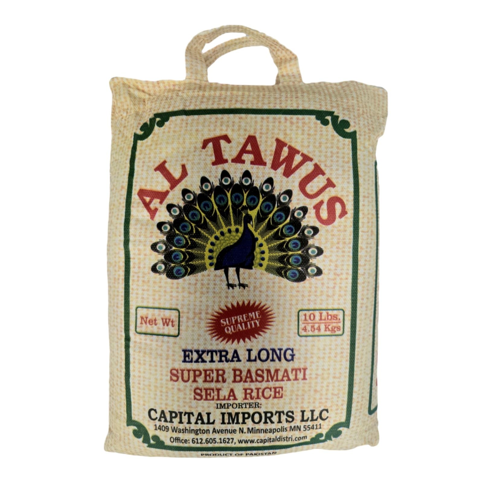 Al Tawus Supreme Quality Extra Long Super Basmati Sela Rice 10 Lbs / 4.54 kg, Non GMO, Extra Long Basmati Rice, White Rice, Vegan Rice, BPA & Gluten Free, Zip Lock Bag, Dried Grains