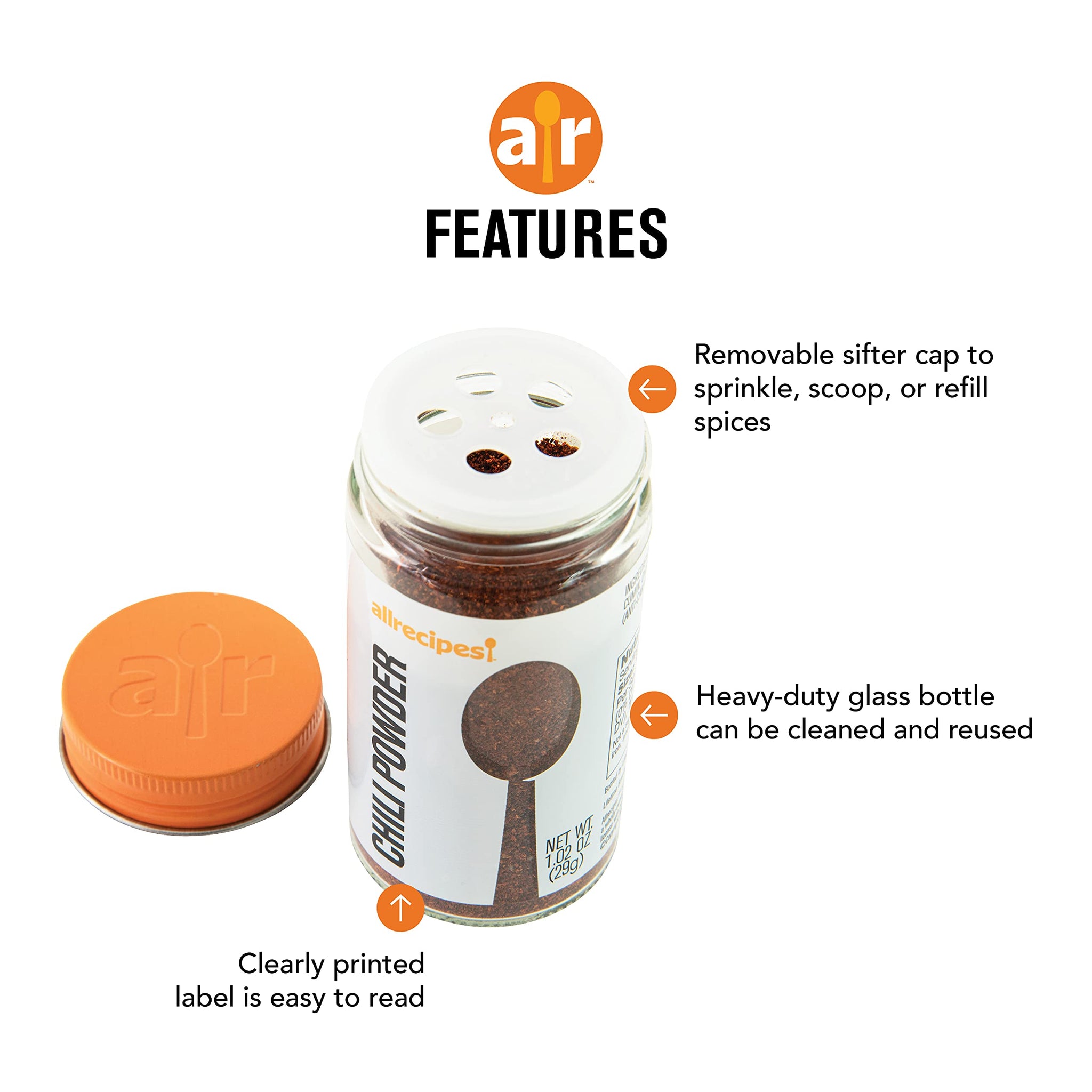 Allrecipes Taste of Asia (Chili Powder, Chinese Five Spice, Ground Ginger) in Glass Jars with Removable Sifter Caps for Sprinkling, Set of 3