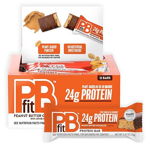 PBfit Peanut Butter Chocolate Protein Bars, 24g Protein, Gluten Free, Vegan, Plant-Based 40-30-30 Macros, 2.47 Oz (Pack of 12)