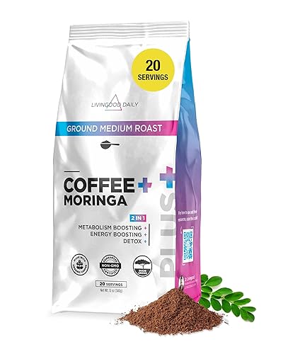 Livingood Daily Coffee with Moringa, Ground Medium Roast Coffee with Plant Based Ingredients for Morning Energy, Made with Moringa Powder, Organic
