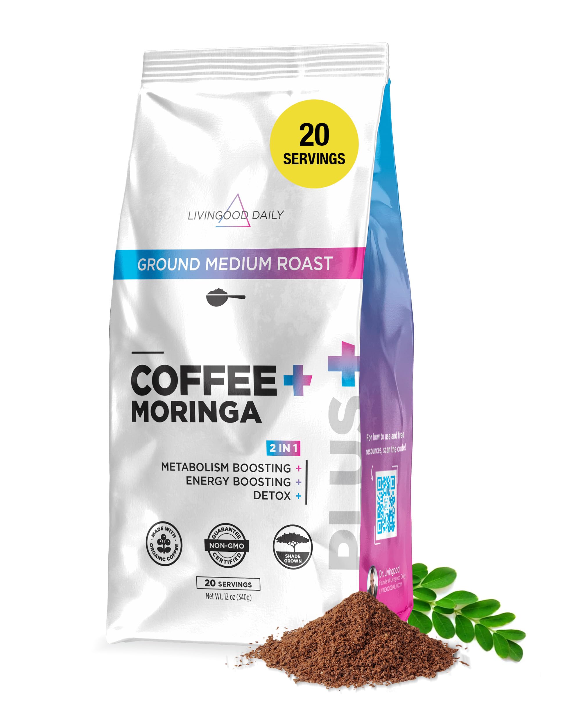 Livingood Daily Coffee with Moringa, Ground Medium Roast Coffee with Plant Based Ingredients for Morning Energy, Made with Moringa Powder, Organic