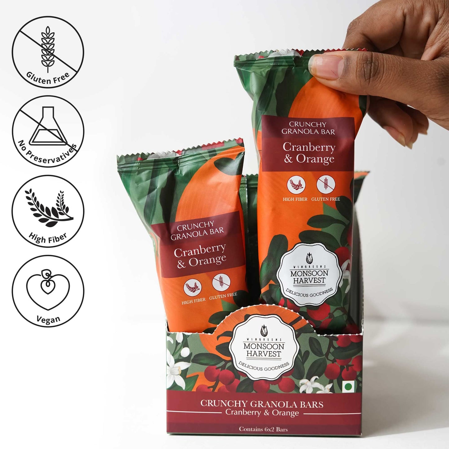 Monsoon Harvest Crunchy Millet Granola Bars - Cranberry Orange - Pack Of 6 Healthy Breakfast Bars (40 Grams Each)